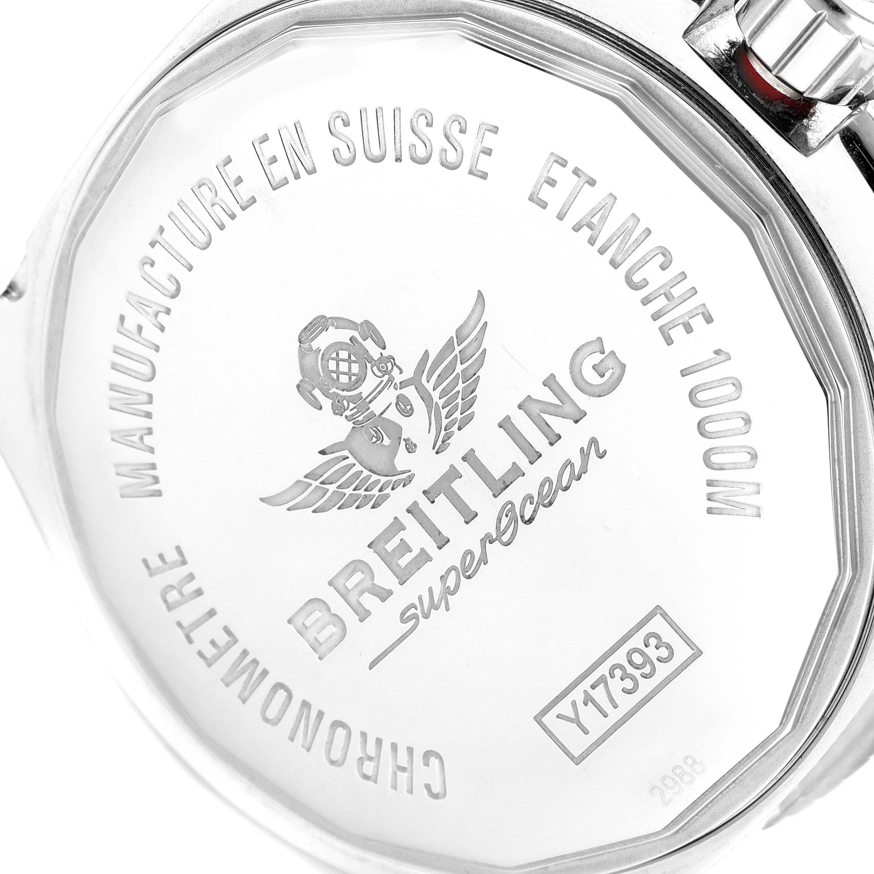 The image shows the case back of the Breitling Superocean Y1739310 Men's Stainless Steel Blue Dial Y1739310 Men's Stainless Steel Blue Dial watch with engraved branding and specifications.