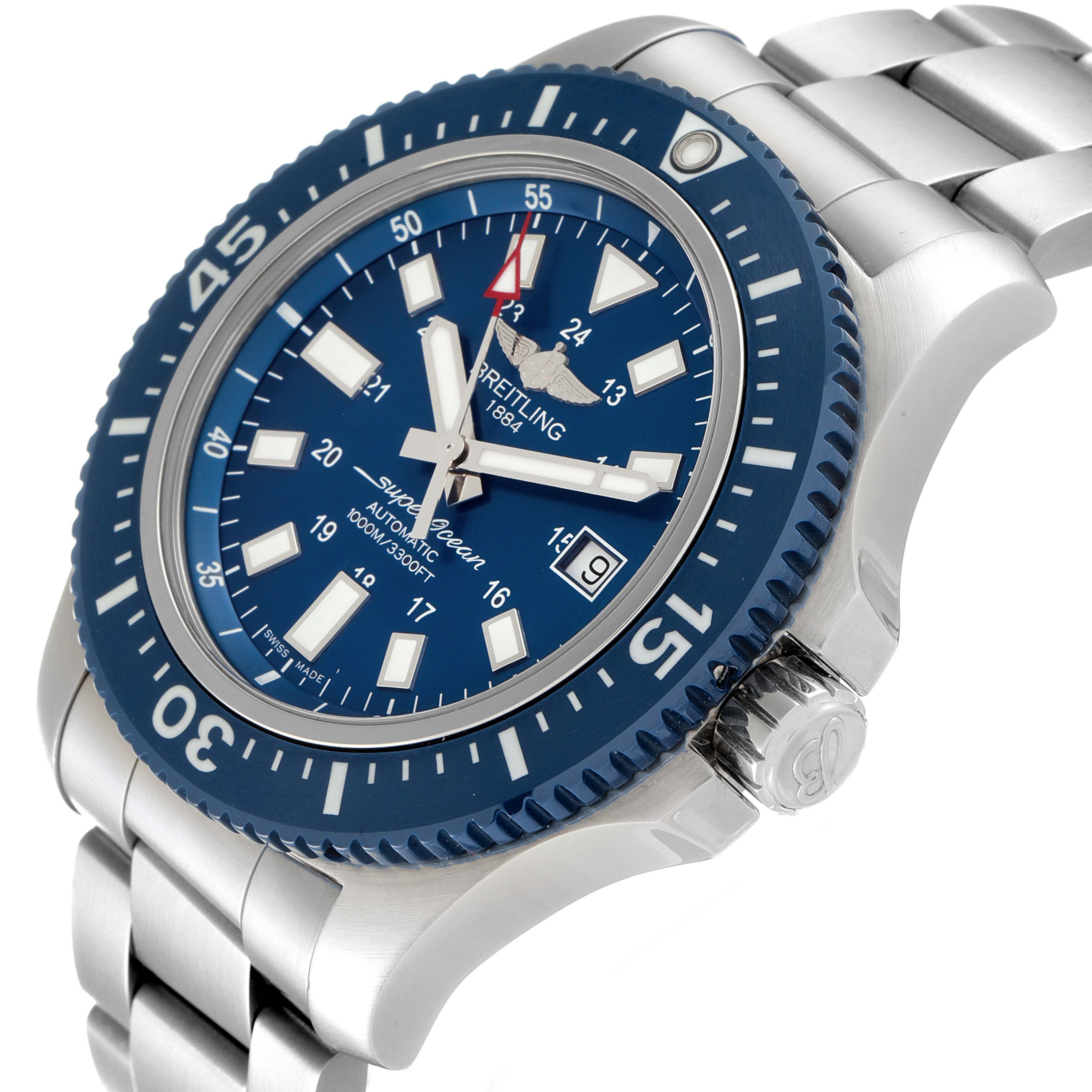 The image shows a Breitling Superocean Y1739310 Men's Stainless Steel Blue Dial Y1739310 Men's Stainless Steel Blue Dial watch angled from the front-left, highlighting the dial, bezel, crown, and part of the bracelet.