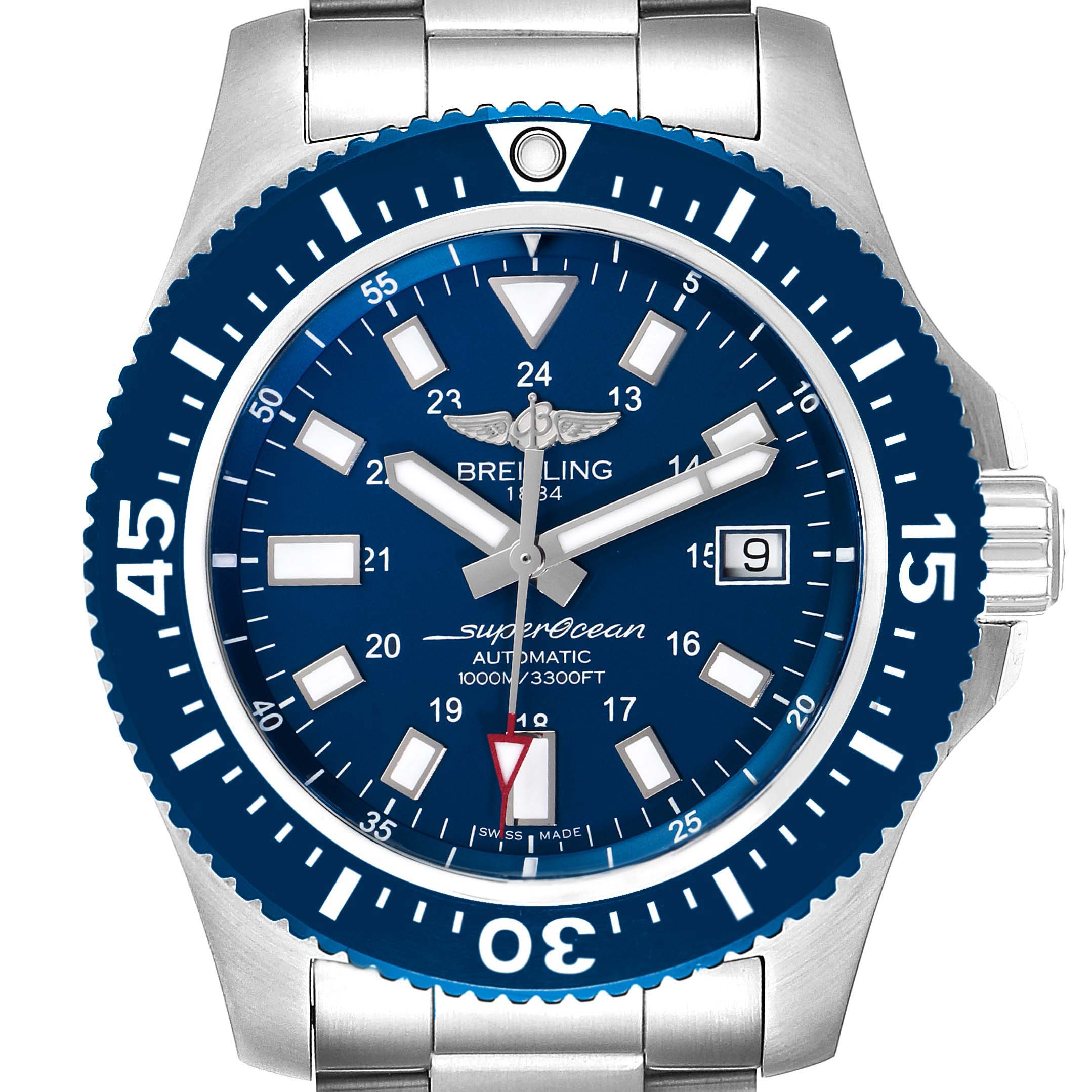 The image shows a front view of the Breitling Superocean Y1739310 Men's Stainless Steel Blue Dial Y1739310 Men's Stainless Steel Blue Dial watch, displaying the dial, bezel, and part of the stainless steel bracelet.