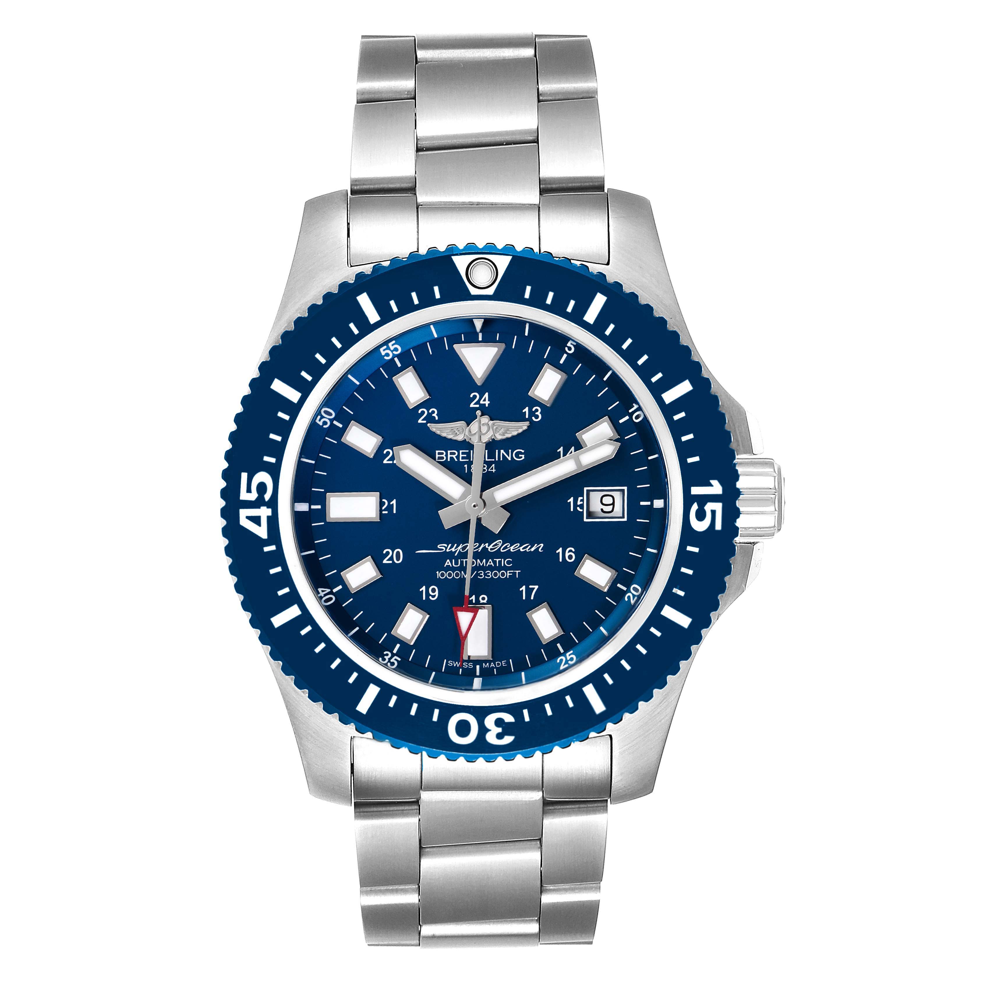 This image shows a front view of a Breitling Superocean Y1739310 Men's Stainless Steel Blue Dial Y1739310 Men's Stainless Steel Blue Dial watch with a blue dial and stainless steel bracelet.
