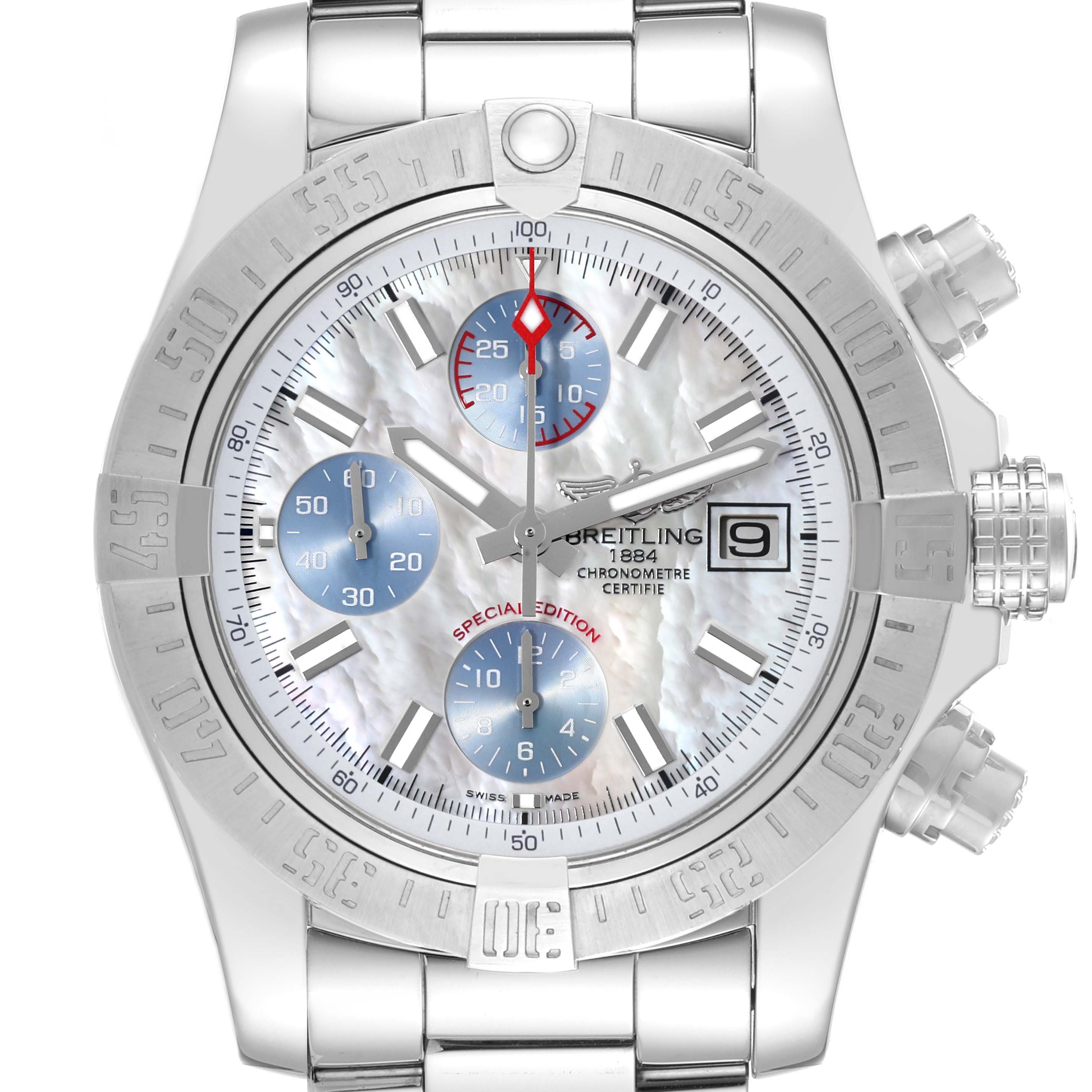 The image shows a front view of the Breitling Avenger A13381 Men's Stainless Steel Mother of Pearl Dial A13381 Men's Stainless Steel Mother of Pearl Dial watch, highlighting the dial, bezel, and bracelet.