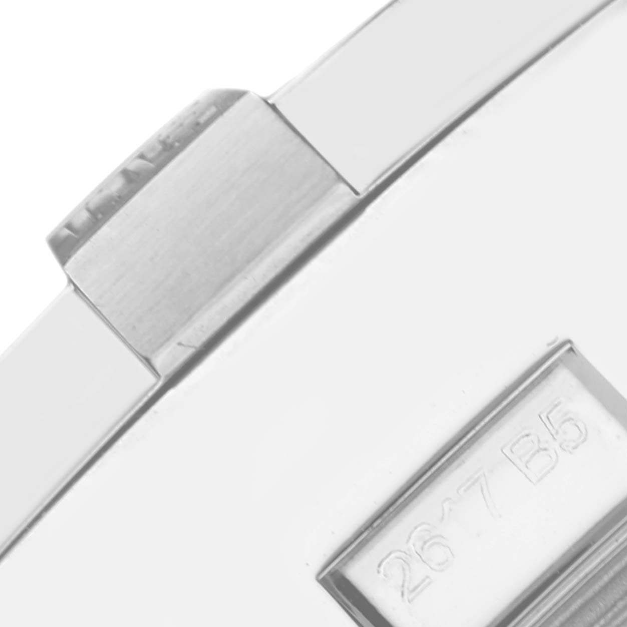 The image shows a close-up side view of the case and bracelet clasp of a Breitling Avenger A13381 Men's Stainless Steel Mother of Pearl Dial A13381 Men's Stainless Steel Mother of Pearl Dial watch.