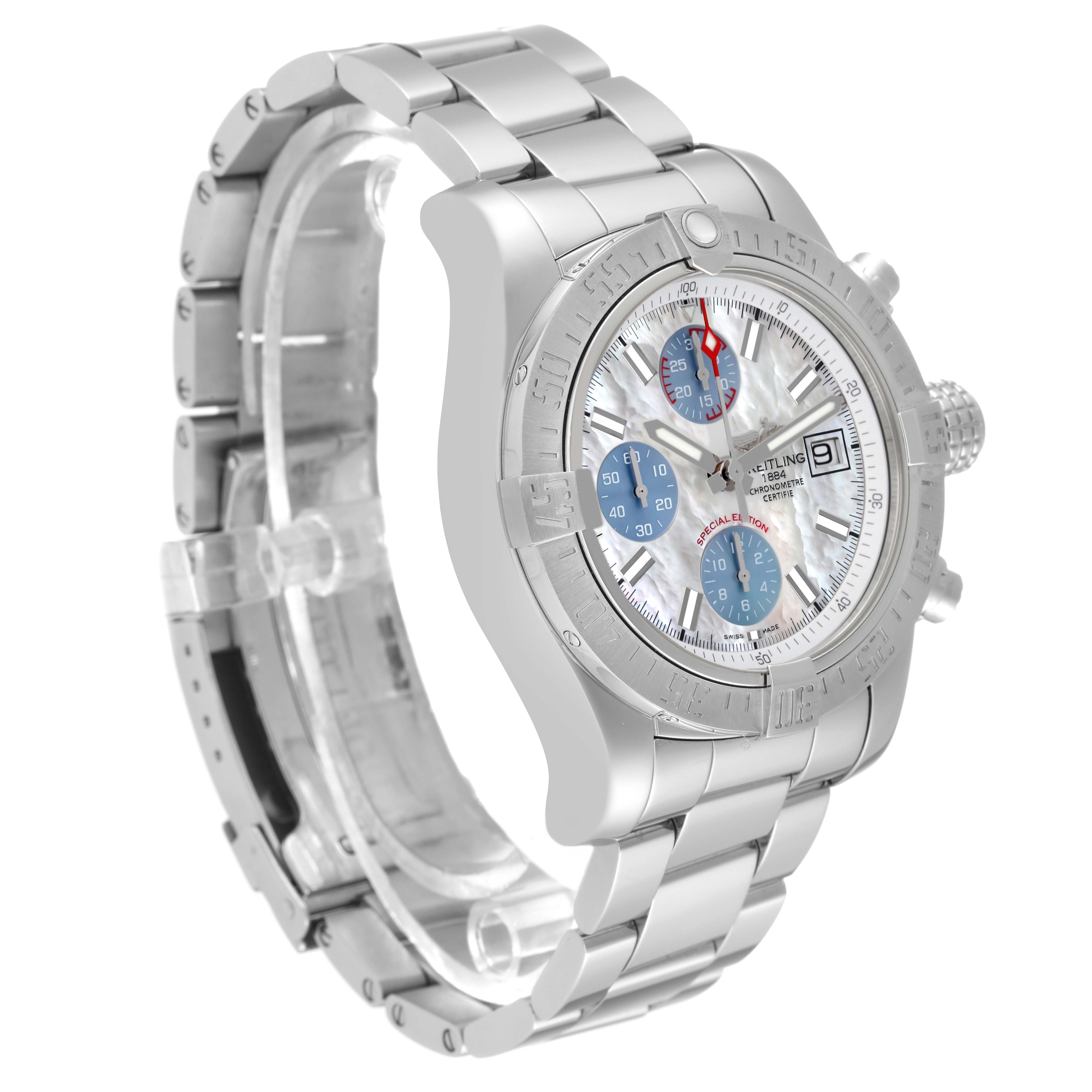 The image shows a side angle of the Breitling Avenger A13381 Men's Stainless Steel Mother of Pearl Dial A13381 Men's Stainless Steel Mother of Pearl Dial watch, highlighting the bracelet, case, dial, and three sub-dials.