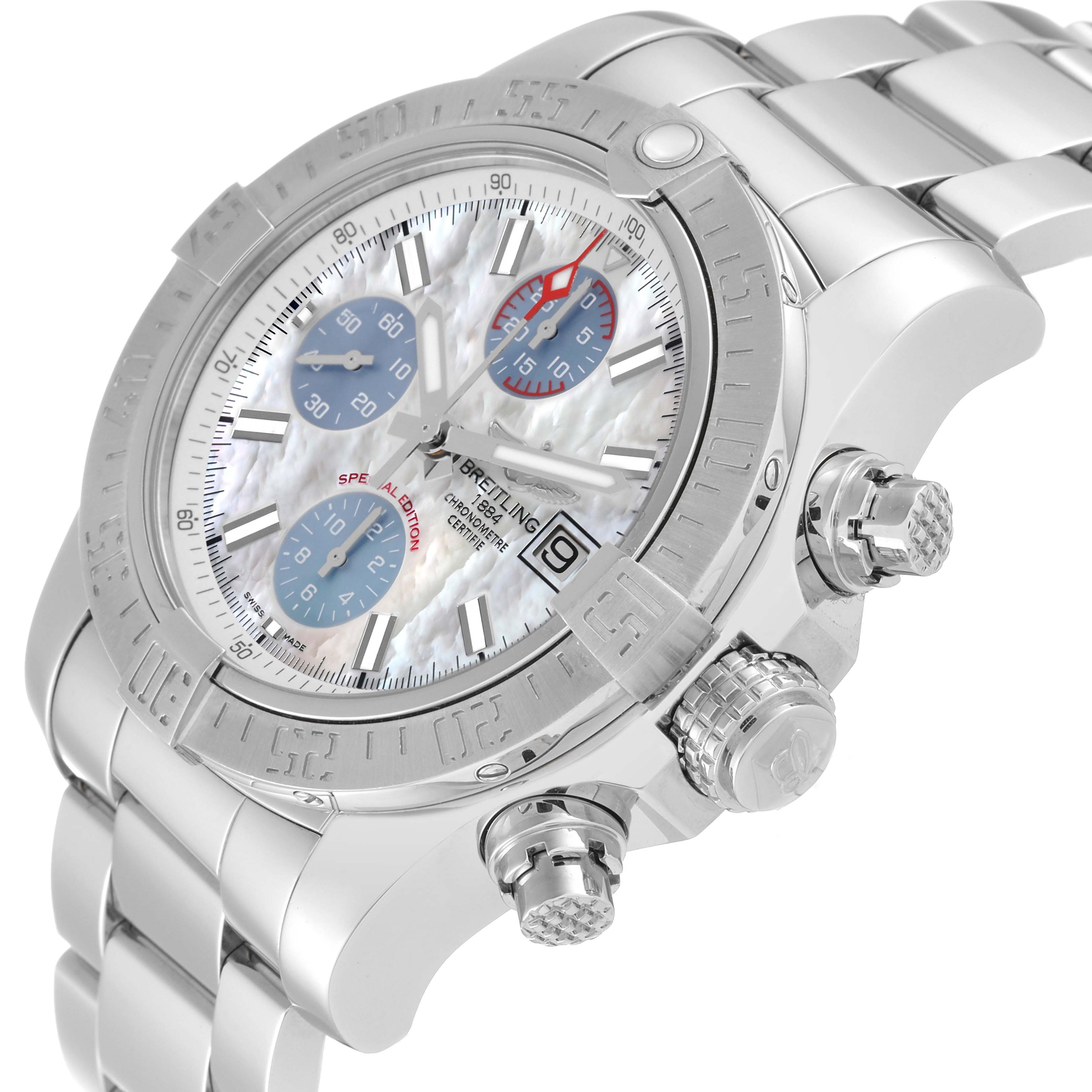 The image shows a Breitling Avenger A13381 Men's Stainless Steel Mother of Pearl Dial A13381 Men's Stainless Steel Mother of Pearl Dial watch at an angled view highlighting the face, bezel, crown, pushers, and part of the bracelet.