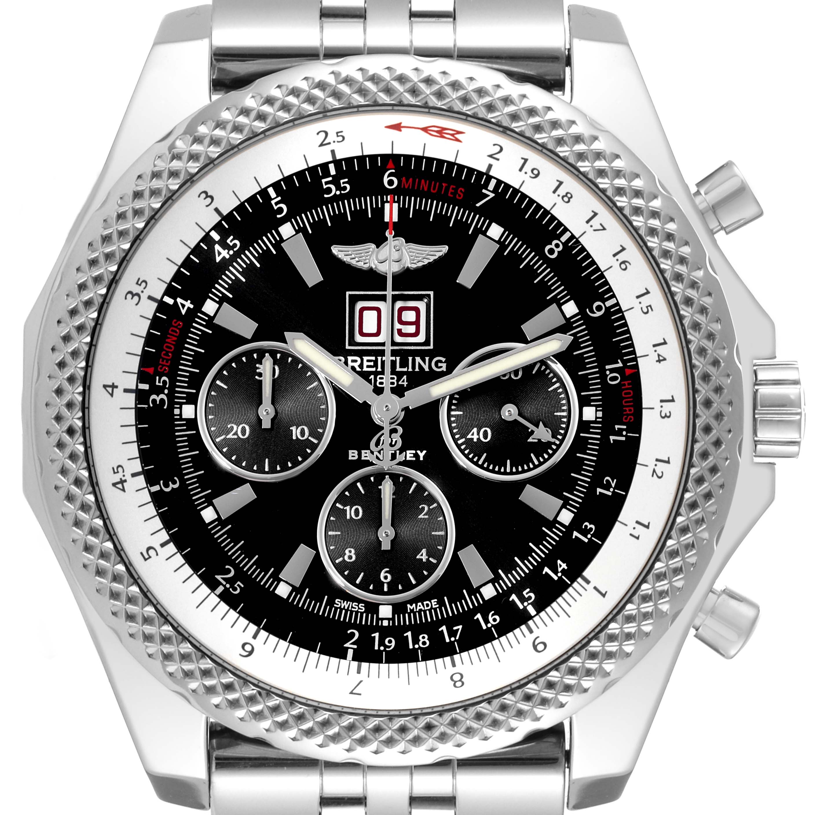 This image shows a front view of the Breitling Bentley A44364 Men's Stainless Steel Black Dial A44364 Men's Stainless Steel Black Dial watch, highlighting its face, bezel, and chronograph sub-dials.
