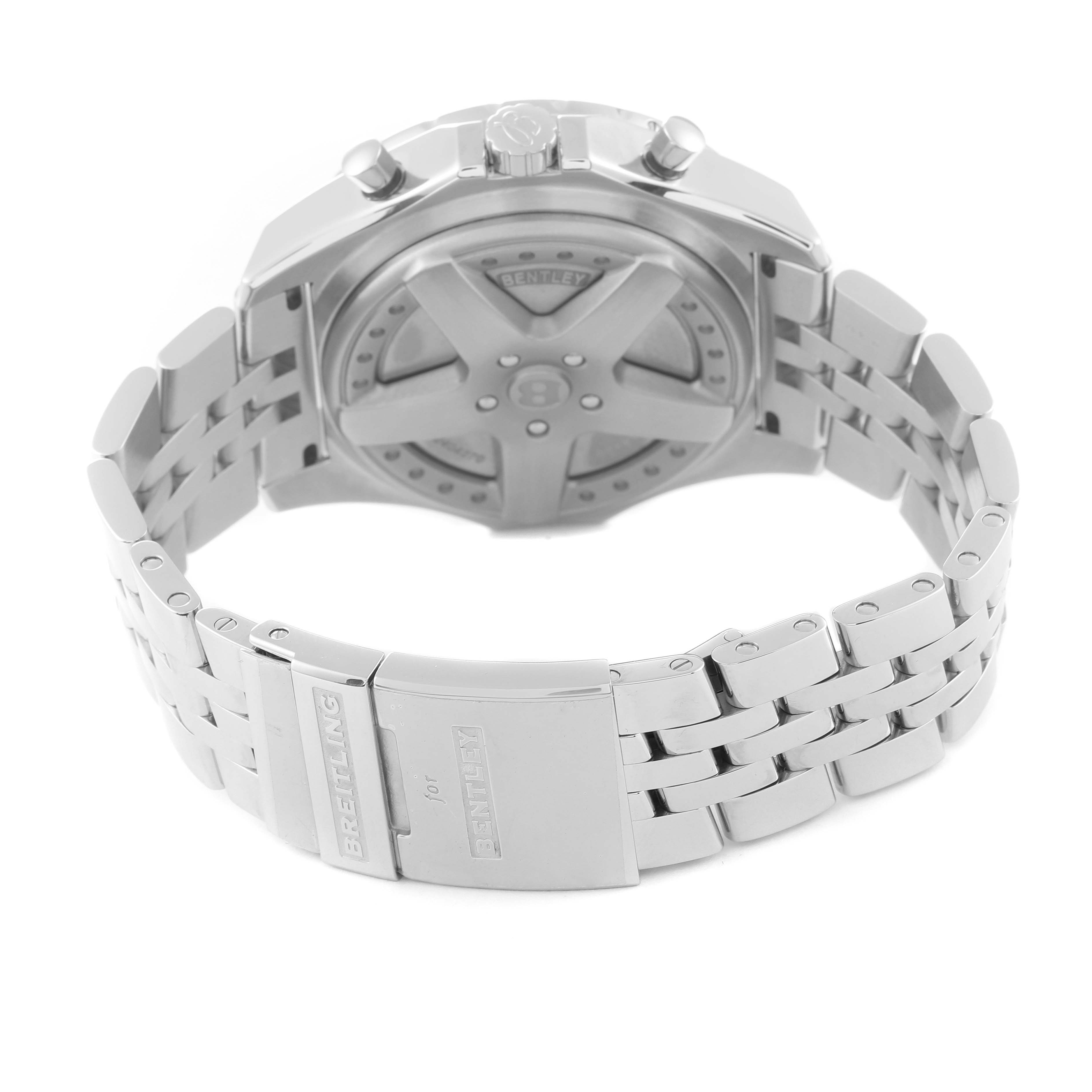 This image shows the back view of a Breitling Bentley A44364 Men's Stainless Steel Black Dial A44364 Men's Stainless Steel Black Dial model watch, focusing on the bracelet and clasp.