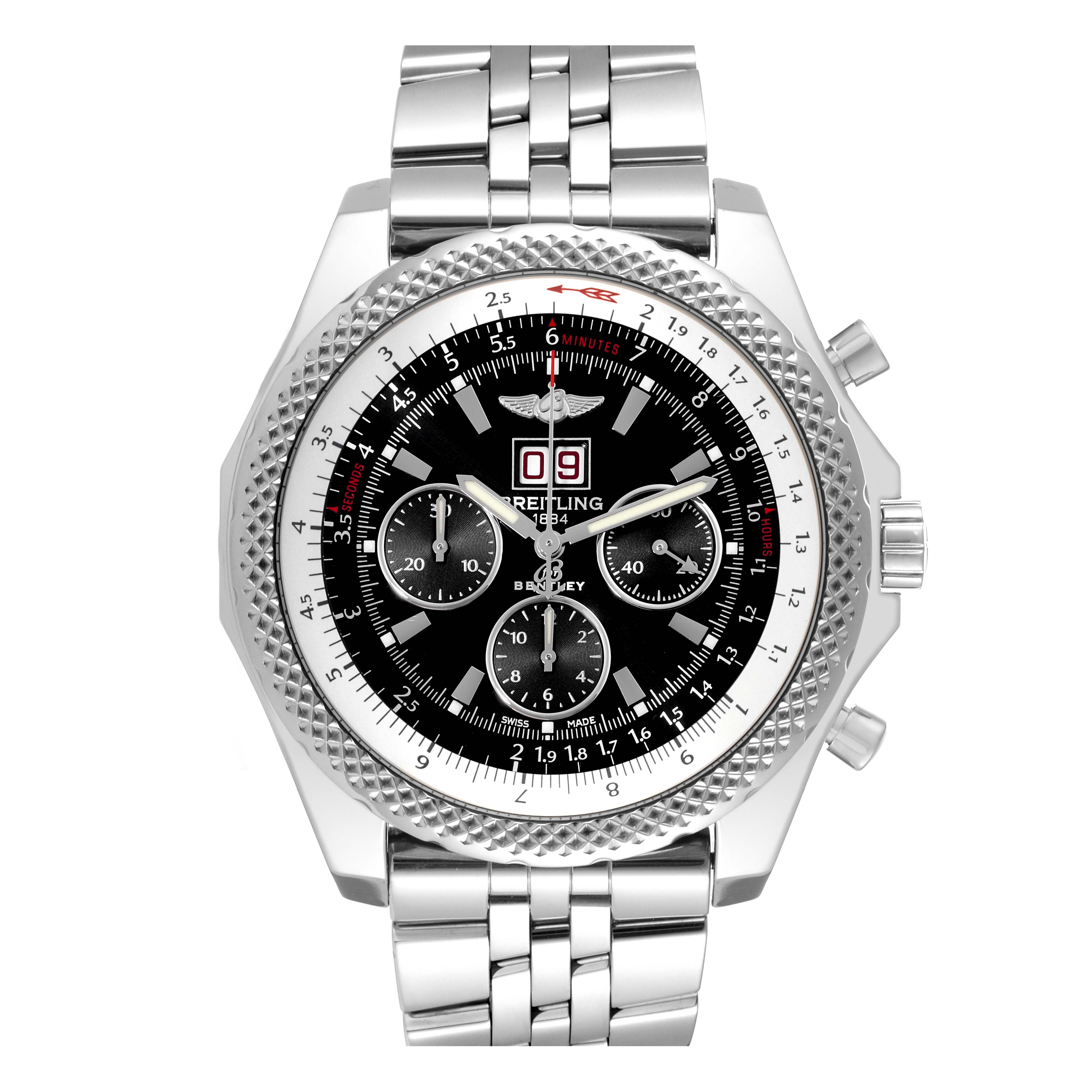 Front view of the Breitling Bentley A44364 Men's Stainless Steel Black Dial A44364 Men's Stainless Steel Black Dial watch showing the face, bezel, pushers, and metal bracelet.