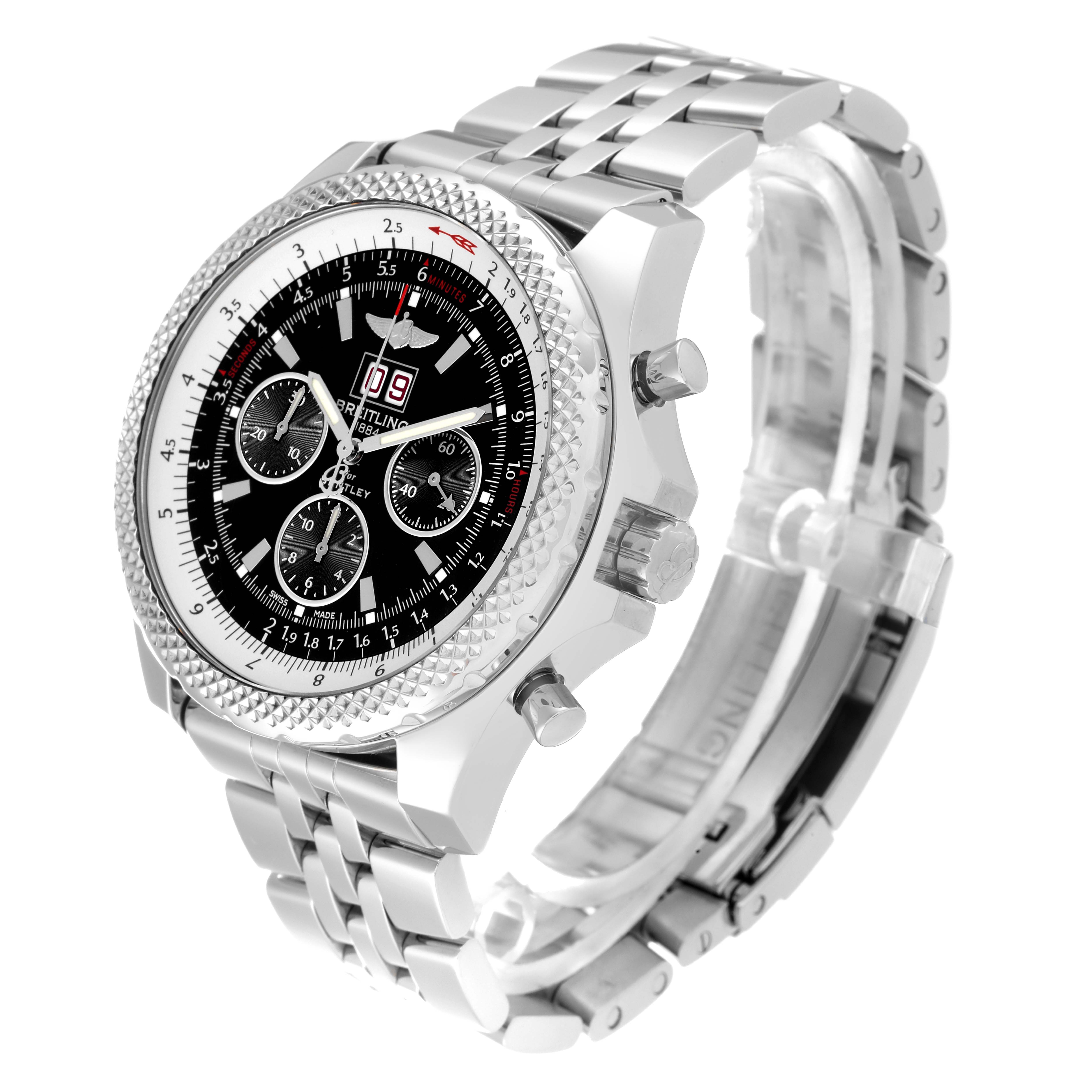 The Breitling Bentley A44364 Men's Stainless Steel Black Dial A44364 Men's Stainless Steel Black Dial watch is shown at a front-left angle, featuring its dial, bezel, crown, subdials, and metal bracelet.