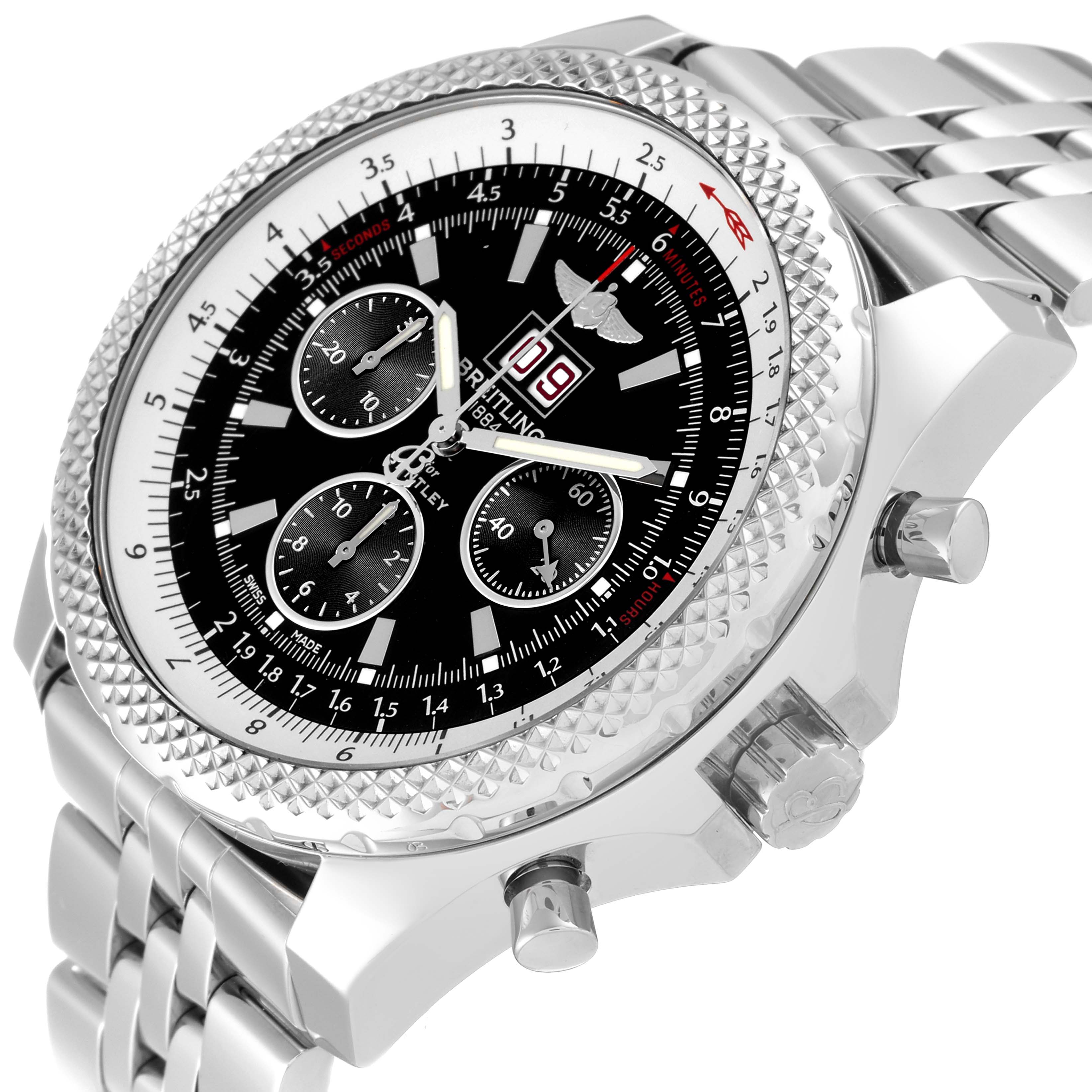 The Breitling Bentley A44364 Men's Stainless Steel Black Dial A44364 Men's Stainless Steel Black Dial watch is shown from an oblique angle, displaying the face, bezel, and part of the bracelet.