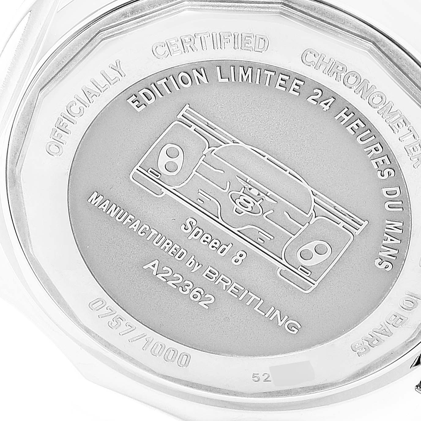 The image shows the engraved case back of a Breitling Bentley A22362 Men's Stainless Steel Black Dial A22362 Men's Stainless Steel Black Dial model watch.