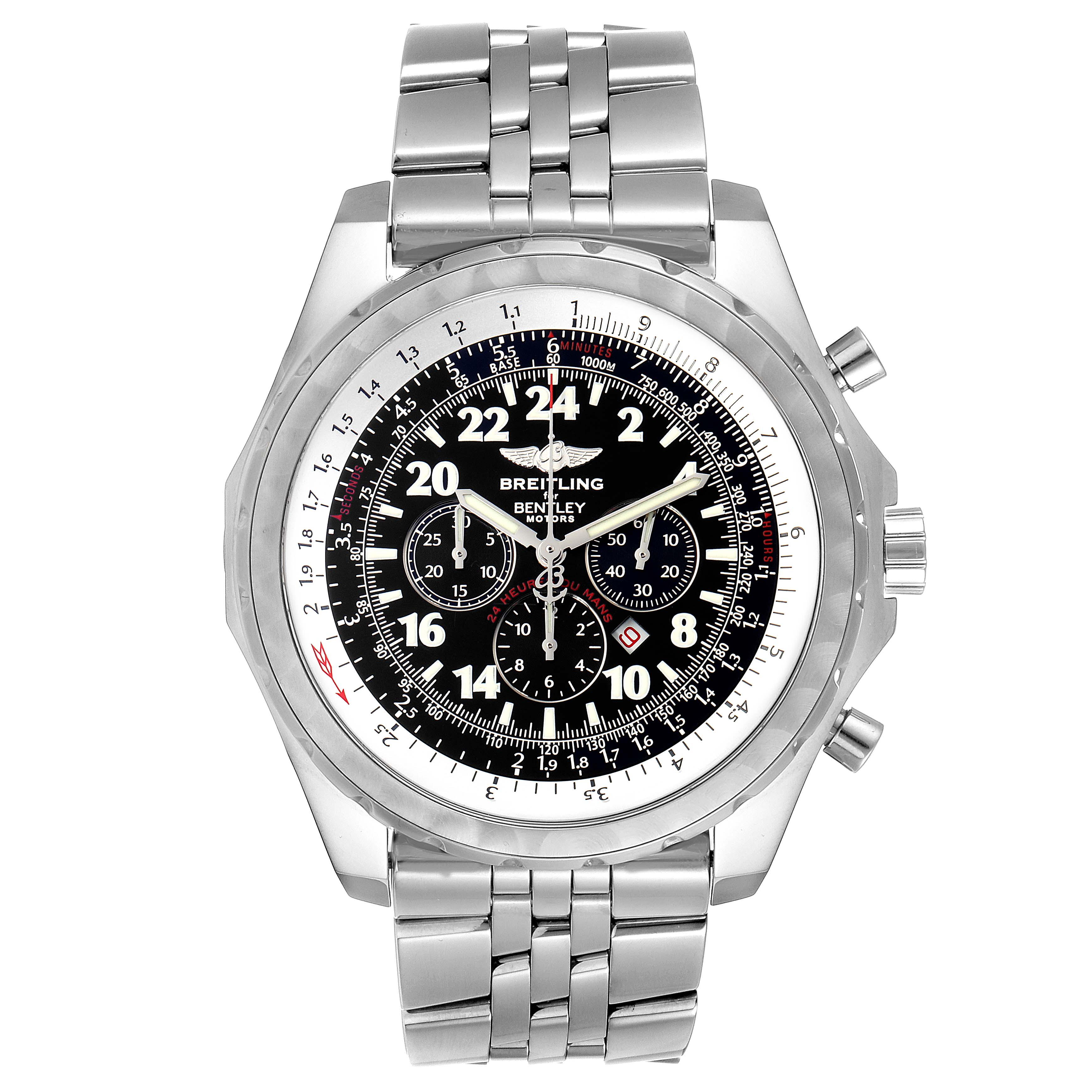 The image shows a front view of the Breitling Bentley A22362 Men's Stainless Steel Black Dial A22362 Men's Stainless Steel Black Dial watch, highlighting its dial, bracelet, and chronograph buttons.