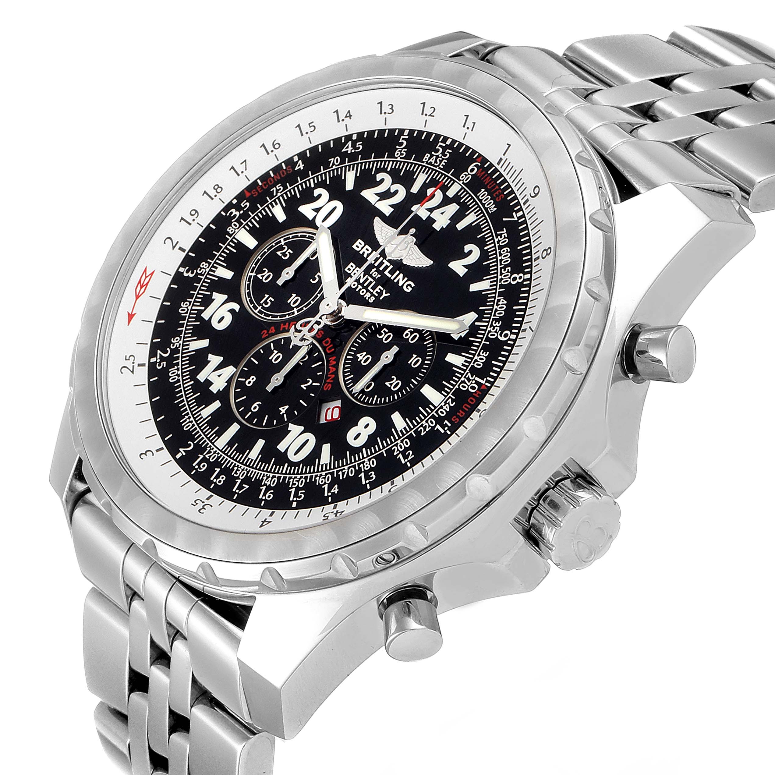 The image shows a side angle of a Breitling Bentley A22362 Men's Stainless Steel Black Dial A22362 Men's Stainless Steel Black Dial watch, highlighting the face, three subdials, and stainless steel bracelet.