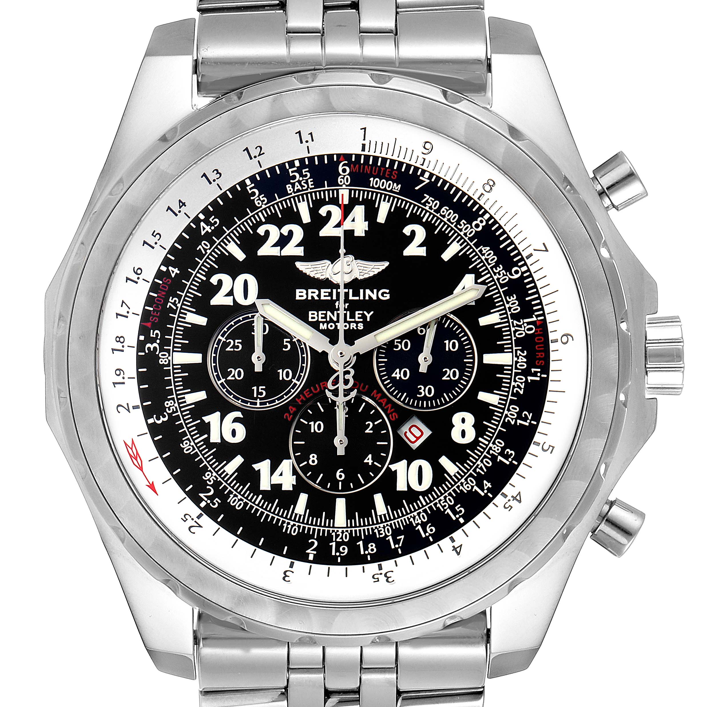 The image shows a front view of a Breitling Bentley A22362 Men's Stainless Steel Black Dial A22362 Men's Stainless Steel Black Dial watch, highlighting its dial, bezel, and stainless steel bracelet.
