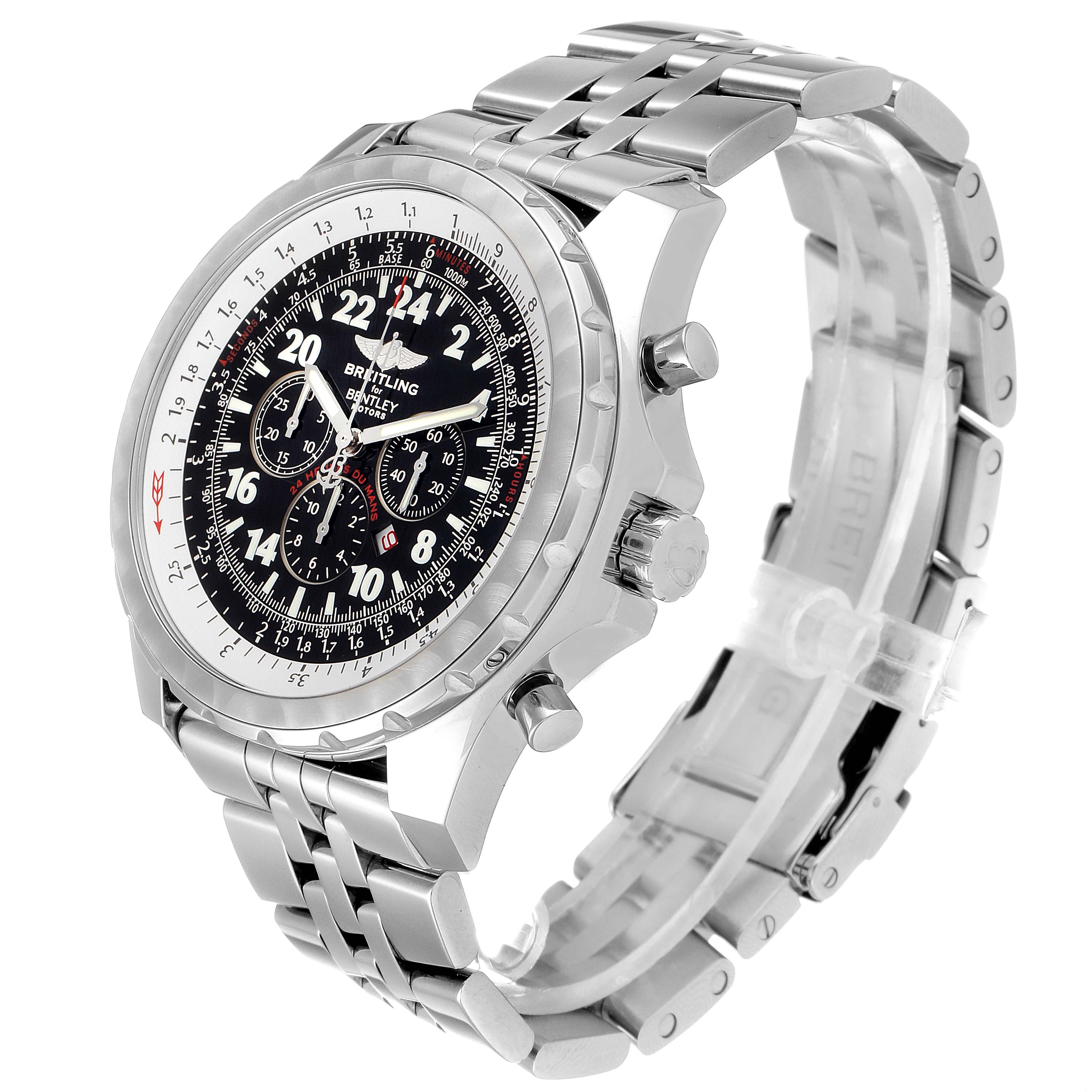 This image shows a Breitling Bentley A22362 Men's Stainless Steel Black Dial A22362 Men's Stainless Steel Black Dial watch at a slight angle, showcasing the face, bezel, and stainless steel bracelet.