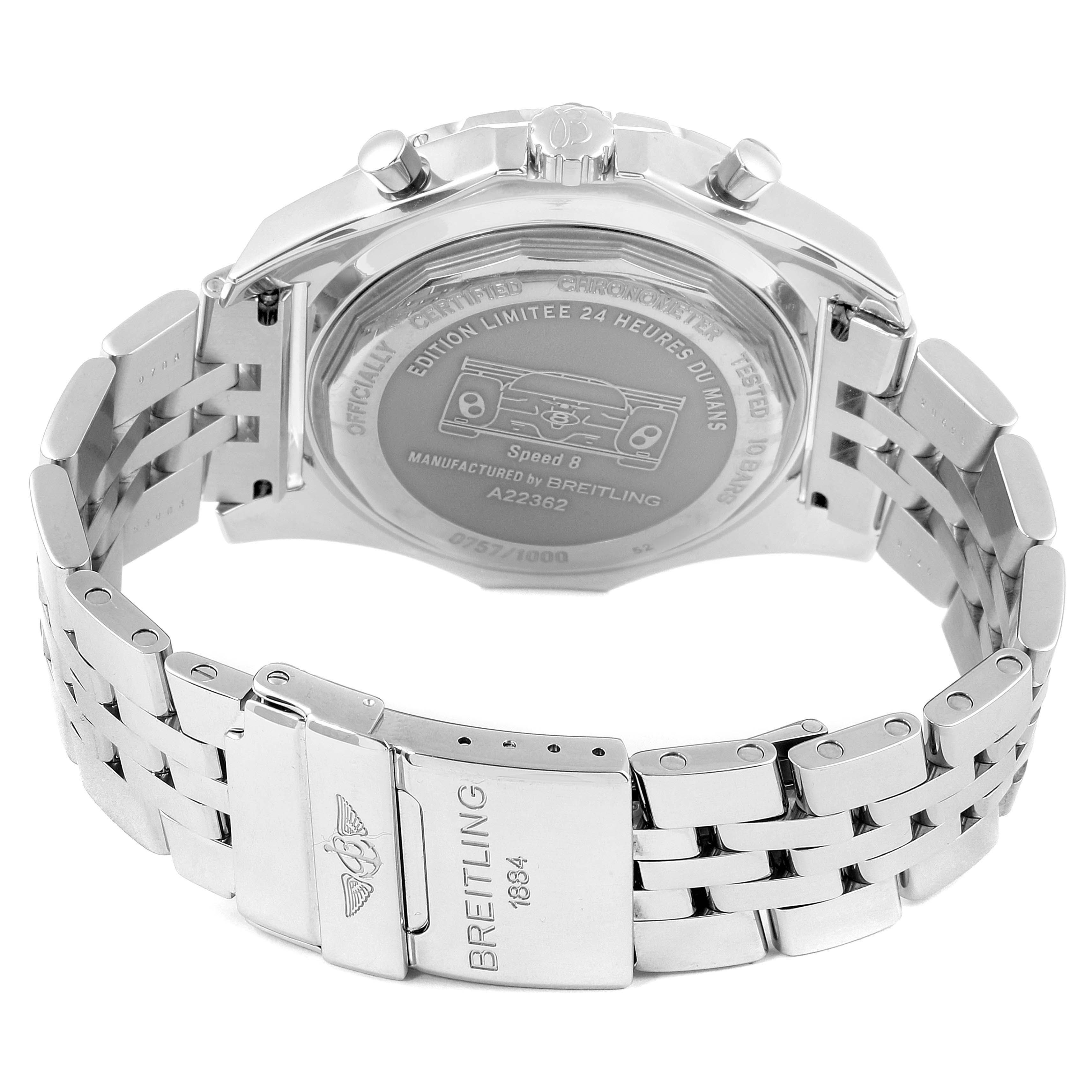 The image shows the back case and clasp of a Breitling Bentley A22362 Men's Stainless Steel Black Dial A22362 Men's Stainless Steel Black Dial watch, highlighting the brand's engraved details.