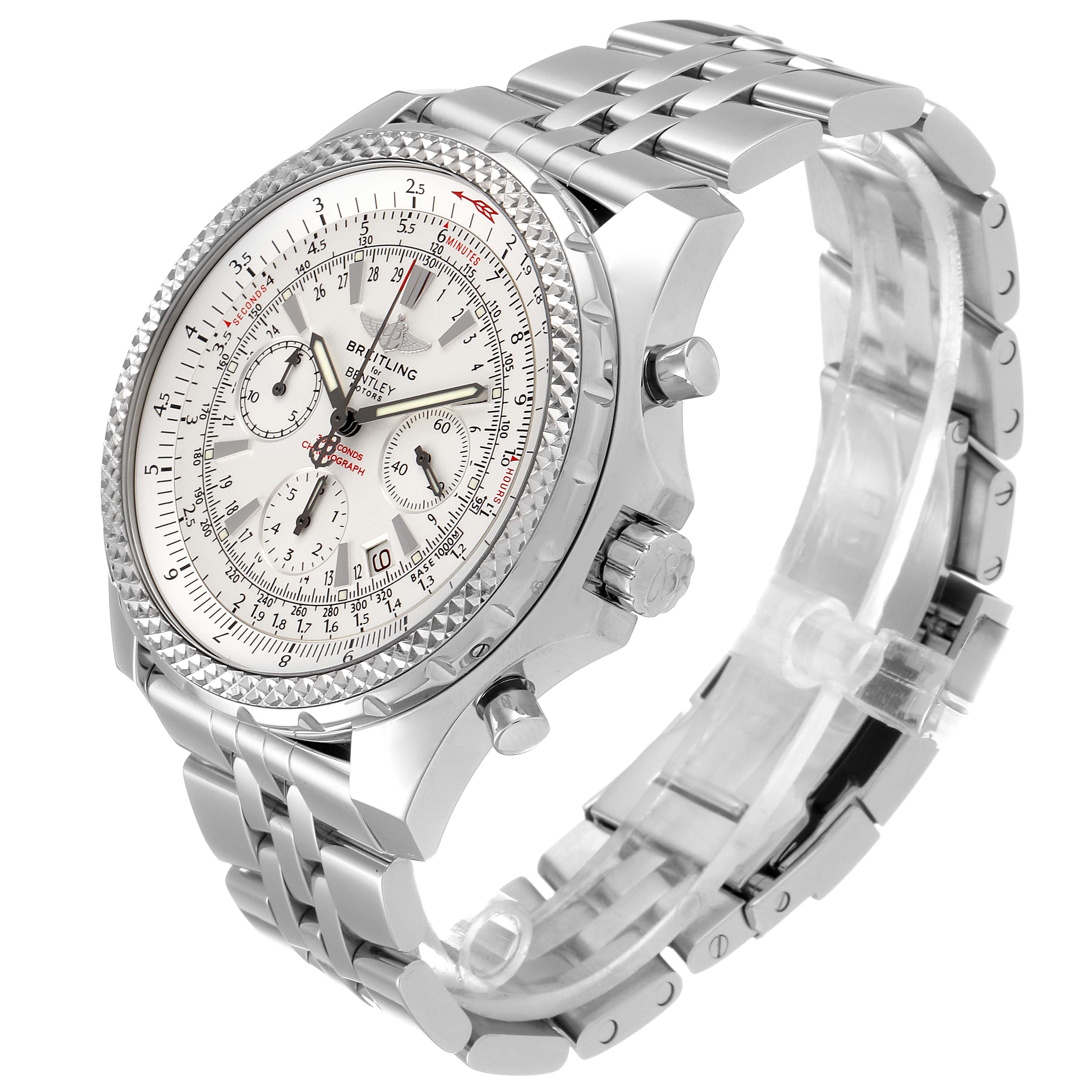 The image shows a side angle of the Breitling Bentley A25362 Men's Stainless Steel Silver Dial A25362 Men's Stainless Steel Silver Dial watch, highlighting its bracelet, crown, and chronograph buttons.