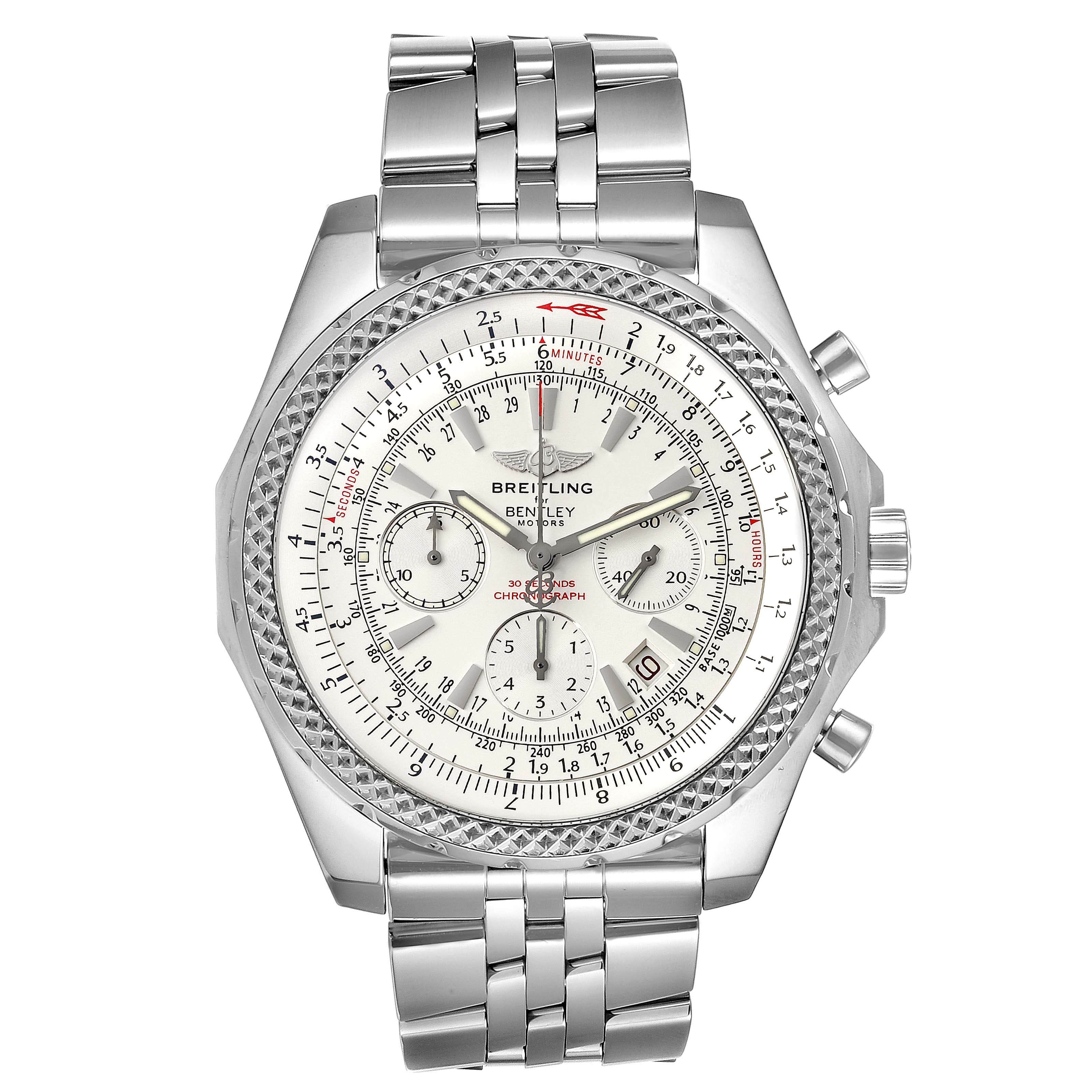 The image shows a top view of the Breitling Bentley A25362 Men's Stainless Steel Silver Dial A25362 Men's Stainless Steel Silver Dial model watch, highlighting its dial, subdials, bezel, and metal strap.