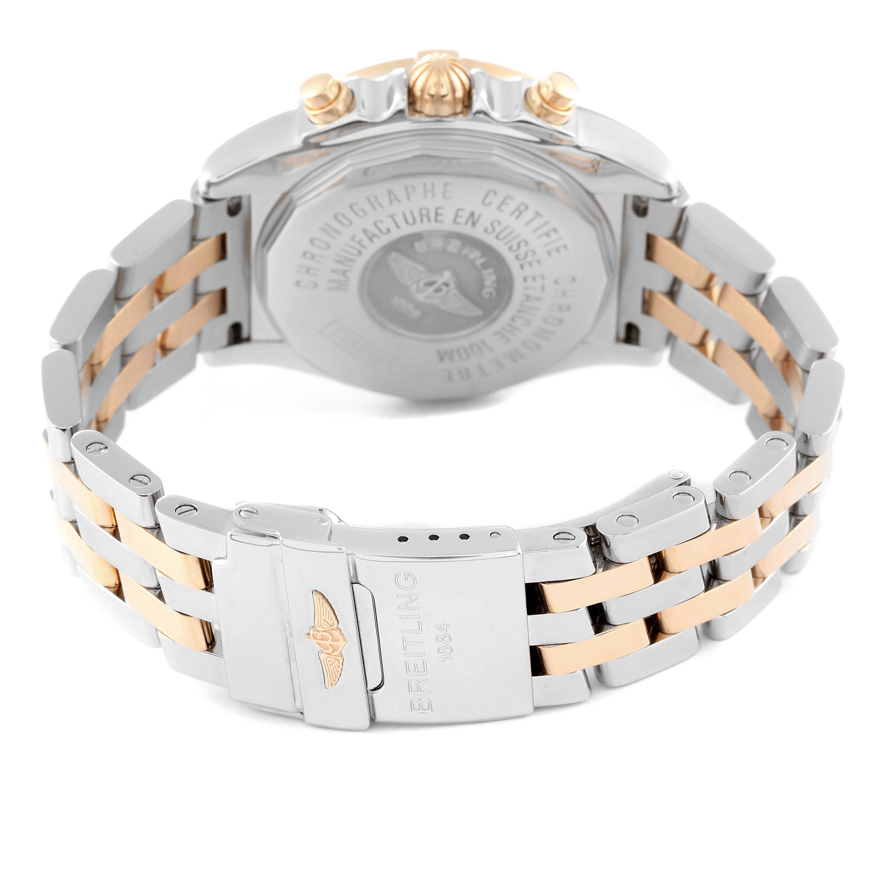 The image shows the back and clasp of a Breitling Galactic C13358L2/A686/366C Men's Steel and Gold (two tone) Mother of Pearl Dial C13358L2/A686/366C Men's Steel and Gold (two tone) Mother of Pearl Dial watch, highlighting its two-tone metal bracelet.
