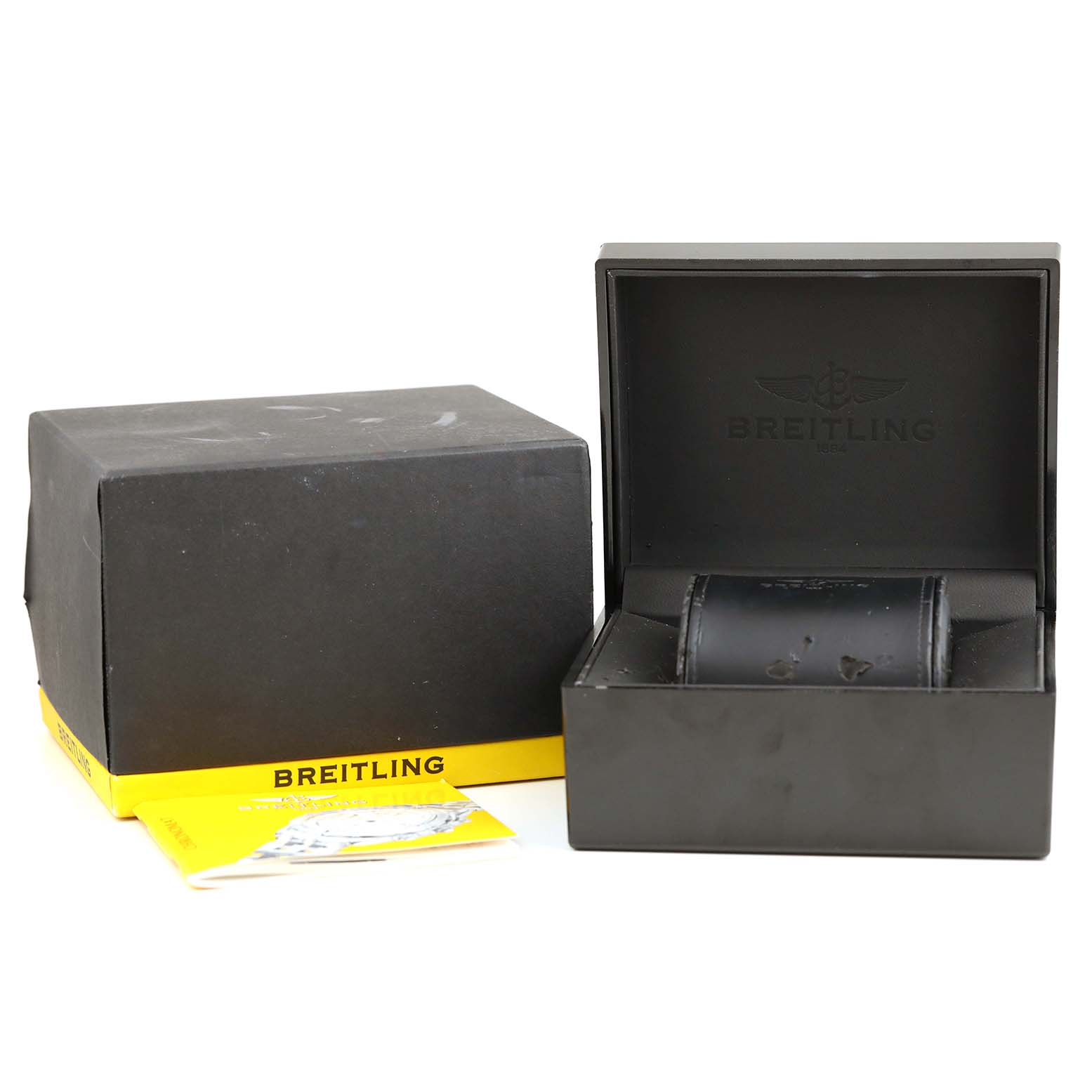 The image shows the packaging box, open watch case, and manual for the Breitling Galactic C13358L2/A686/366C Men's Steel and Gold (two tone) Mother of Pearl Dial C13358L2/A686/366C Men's Steel and Gold (two tone) Mother of Pearl Dial model watch.