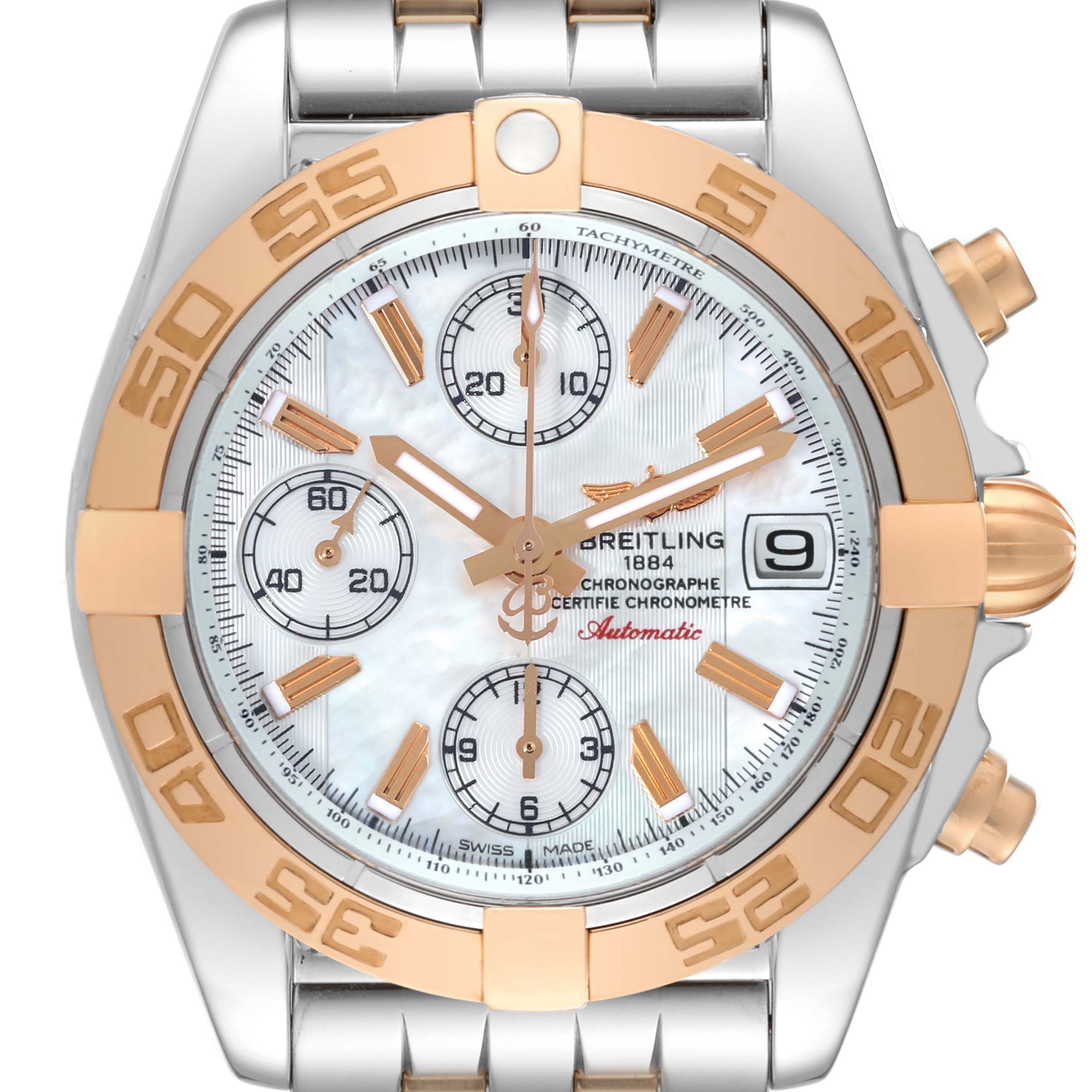 The image shows a front view of the Breitling Galactic C13358L2/A686/366C Men's Steel and Gold (two tone) Mother of Pearl Dial C13358L2/A686/366C Men's Steel and Gold (two tone) Mother of Pearl Dial watch, highlighting its face, dials, bezel, and bracelet.