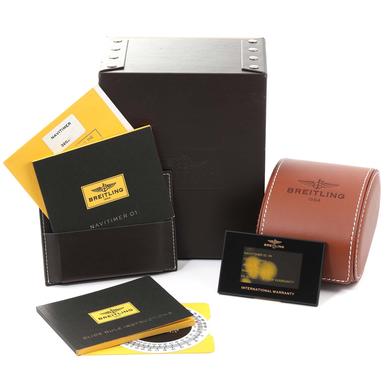 The image shows a Breitling Navitimer AB012721-C889-453A Men's Stainless Steel Blue Dial AB012721-C889-453A Men's Stainless Steel Blue Dial watch's packaging and accessories, including the box, manuals, warranty card, and a leather case.