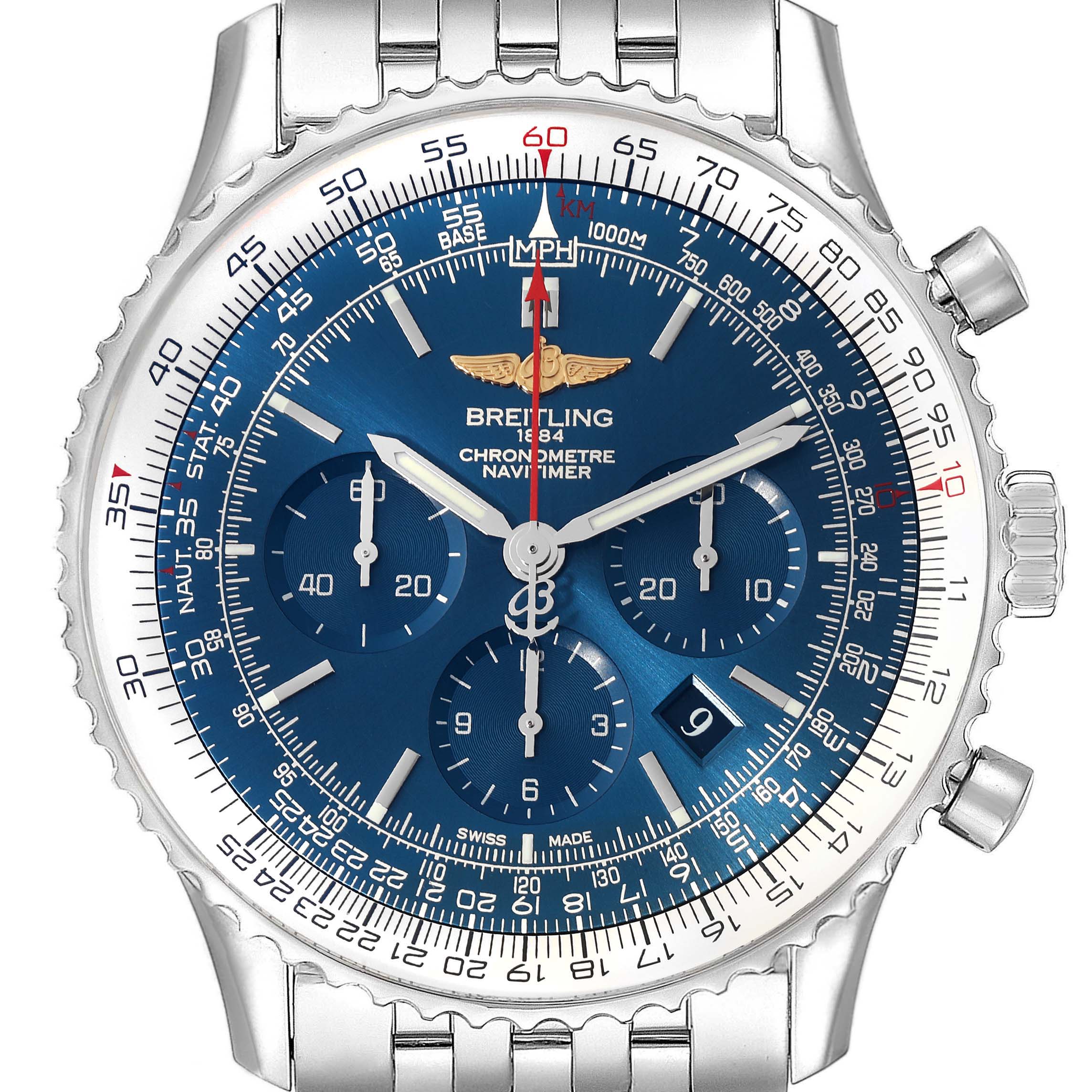 The image shows a front angle of a Breitling Navitimer AB012721-C889-453A Men's Stainless Steel Blue Dial AB012721-C889-453A Men's Stainless Steel Blue Dial, highlighting the blue dial, chronograph subdials, and stainless steel bracelet.