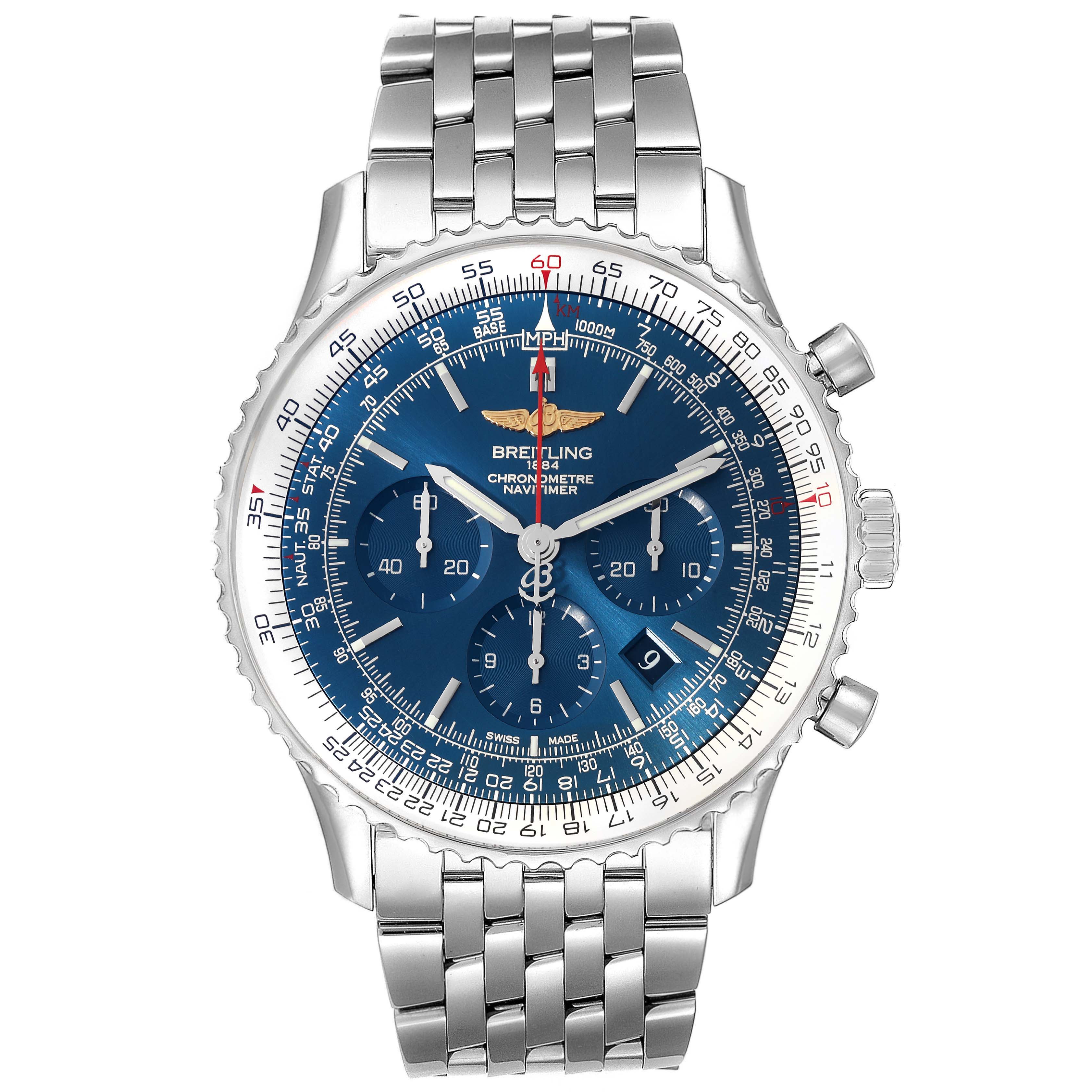 This image shows a front view of a Breitling Navitimer AB012721-C889-453A Men's Stainless Steel Blue Dial AB012721-C889-453A Men's Stainless Steel Blue Dial watch with a blue dial and stainless steel bracelet.