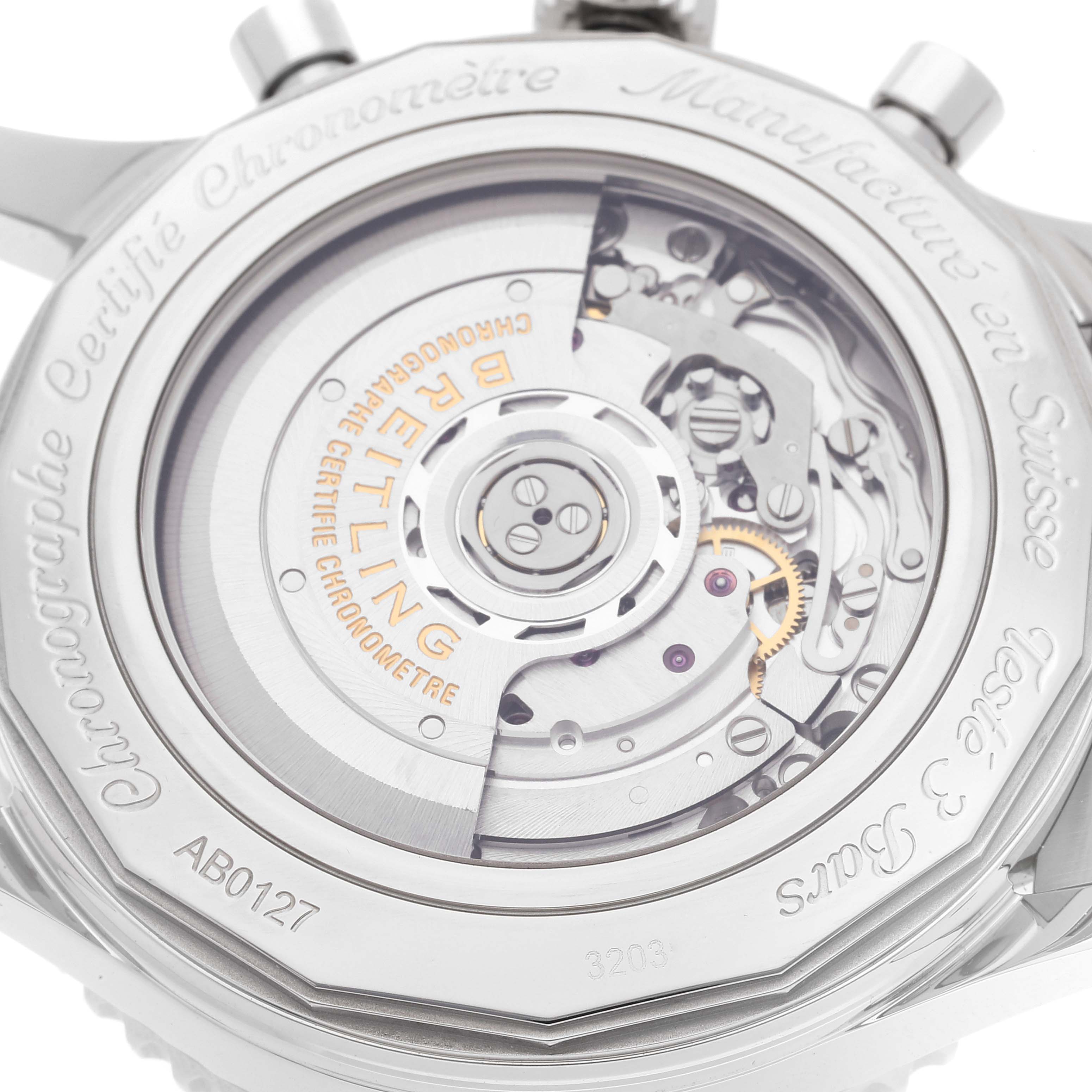 This image shows the back view of the Breitling Navitimer AB012721-C889-453A Men's Stainless Steel Blue Dial AB012721-C889-453A Men's Stainless Steel Blue Dial watch, highlighting its mechanical movement.