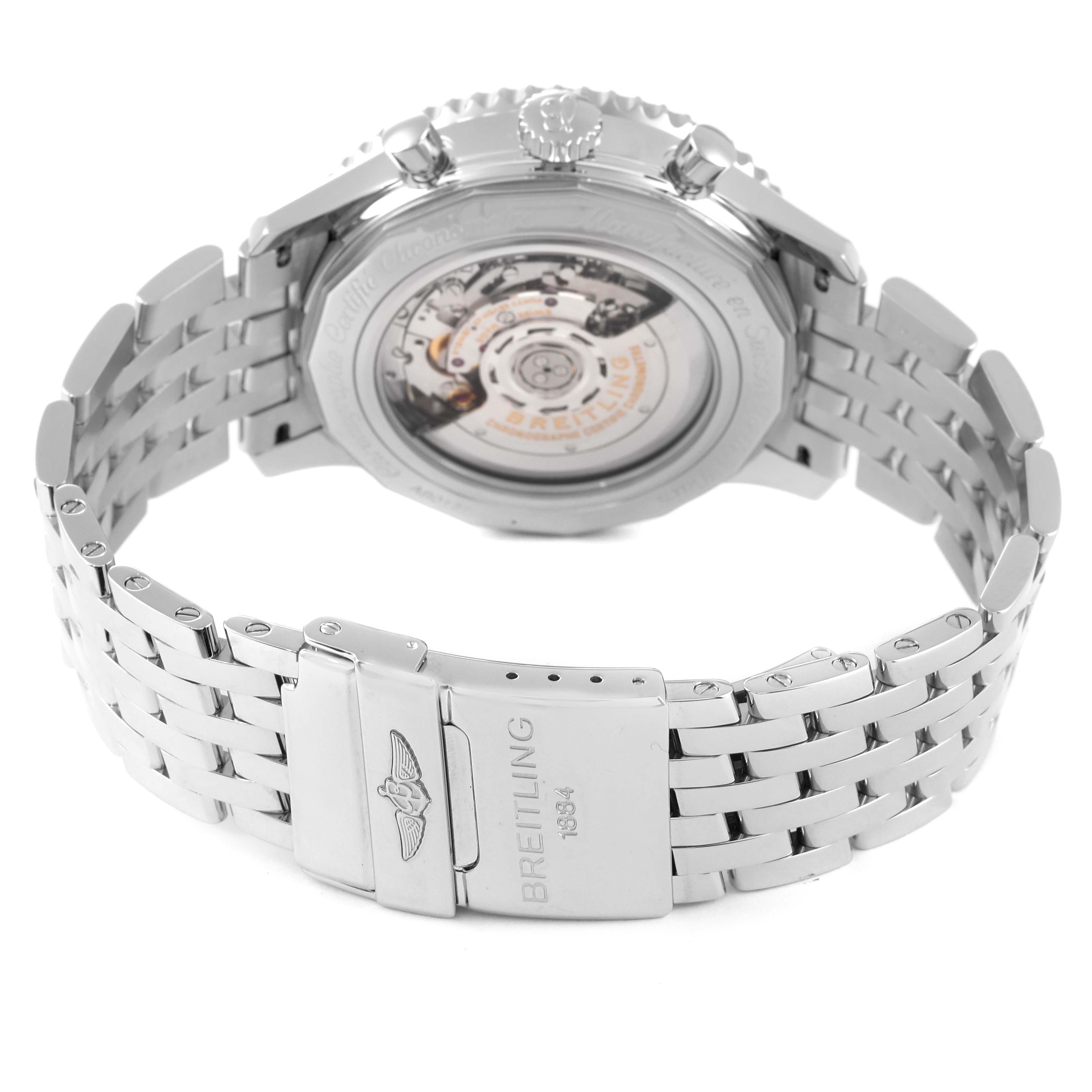 The image shows the back view of the Breitling Navitimer AB012721-C889-453A Men's Stainless Steel Blue Dial AB012721-C889-453A Men's Stainless Steel Blue Dial watch, highlighting its transparent case back and stainless steel bracelet.