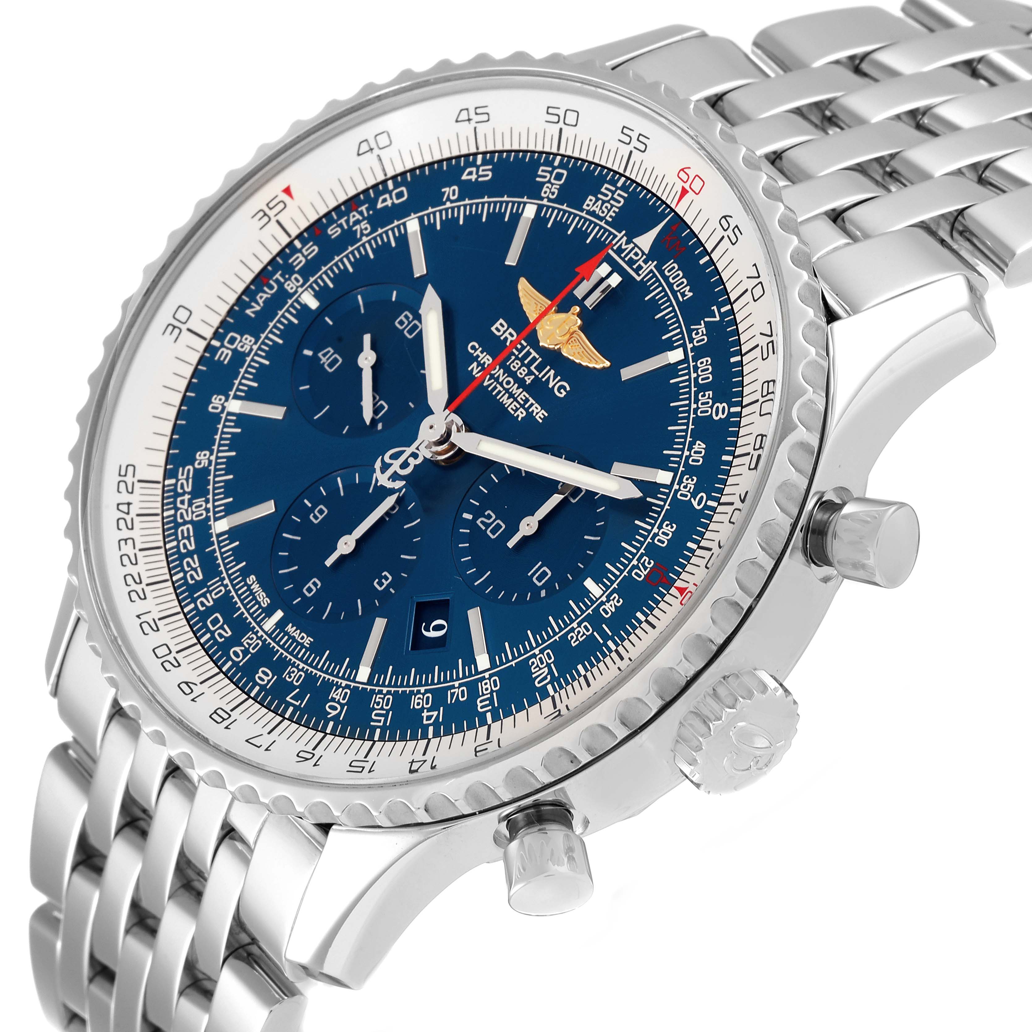 The Breitling Navitimer AB012721-C889-453A Men's Stainless Steel Blue Dial AB012721-C889-453A Men's Stainless Steel Blue Dial watch is shown at a tilted angle, highlighting its dial, bezel, crown, and stainless steel bracelet.