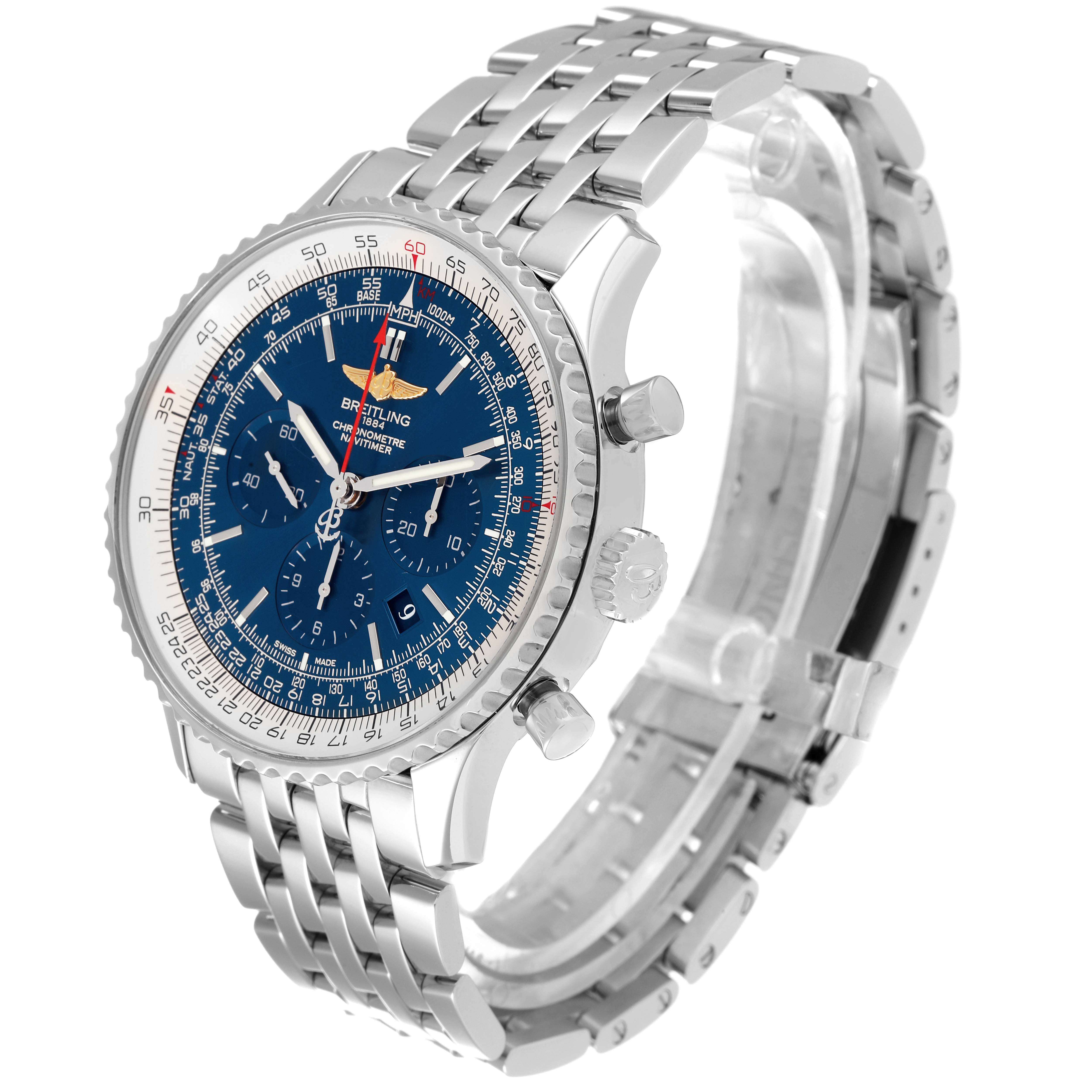 This Breitling Navitimer AB012721-C889-453A Men's Stainless Steel Blue Dial AB012721-C889-453A Men's Stainless Steel Blue Dial model watch is shown at a three-quarter angle, highlighting the face, crown, pushers, and metal bracelet.