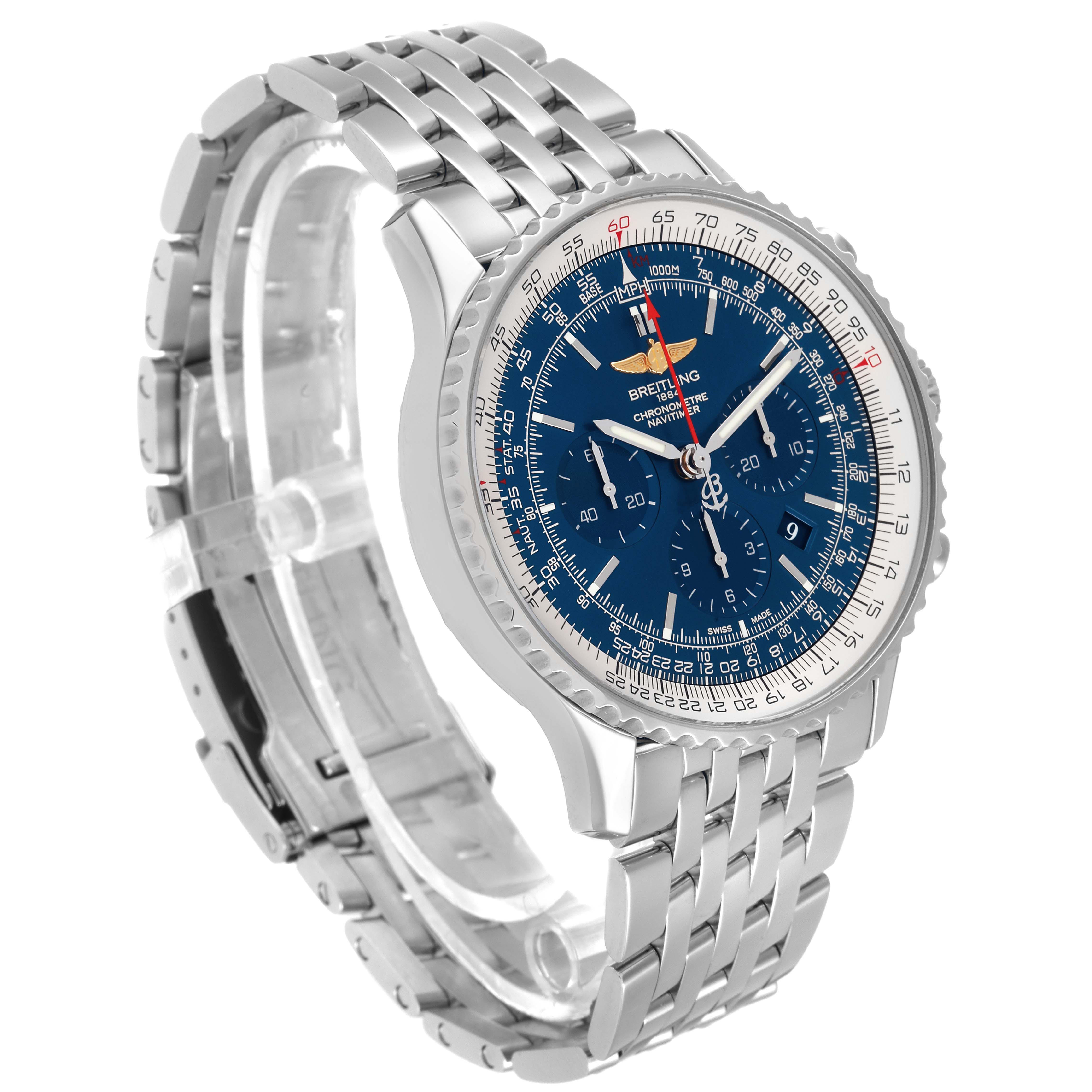 The Breitling Navitimer AB012721-C889-453A Men's Stainless Steel Blue Dial AB012721-C889-453A Men's Stainless Steel Blue Dial watch is shown at a three-quarter angle, featuring its blue dial, chronograph subdials, and stainless steel bracelet.