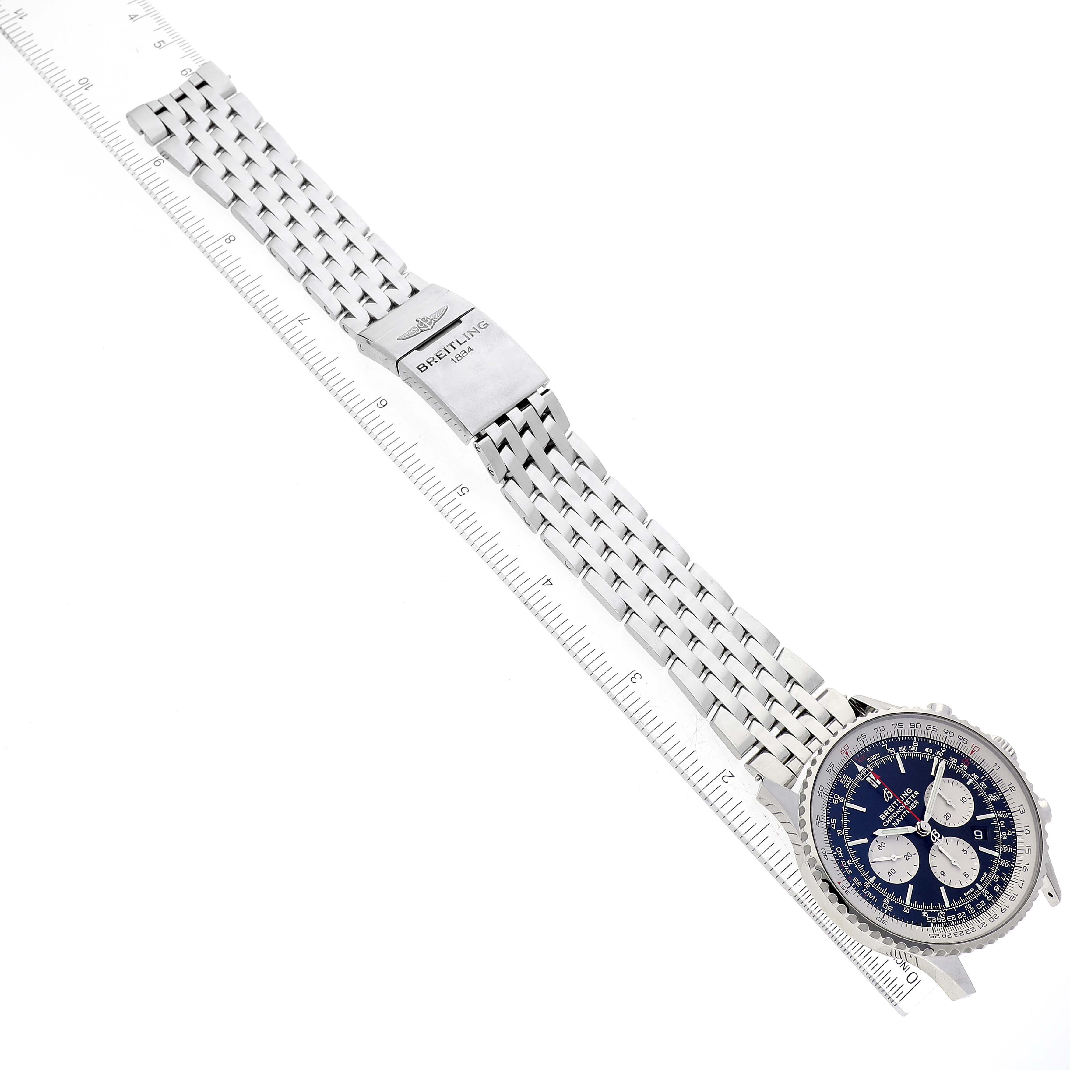 The image shows a Breitling Navitimer AB0127 Men's Stainless Steel Black Dial AB0127 Men's Stainless Steel Black Dial watch, displaying its face, band, and clasp, taken from a top-down angle.