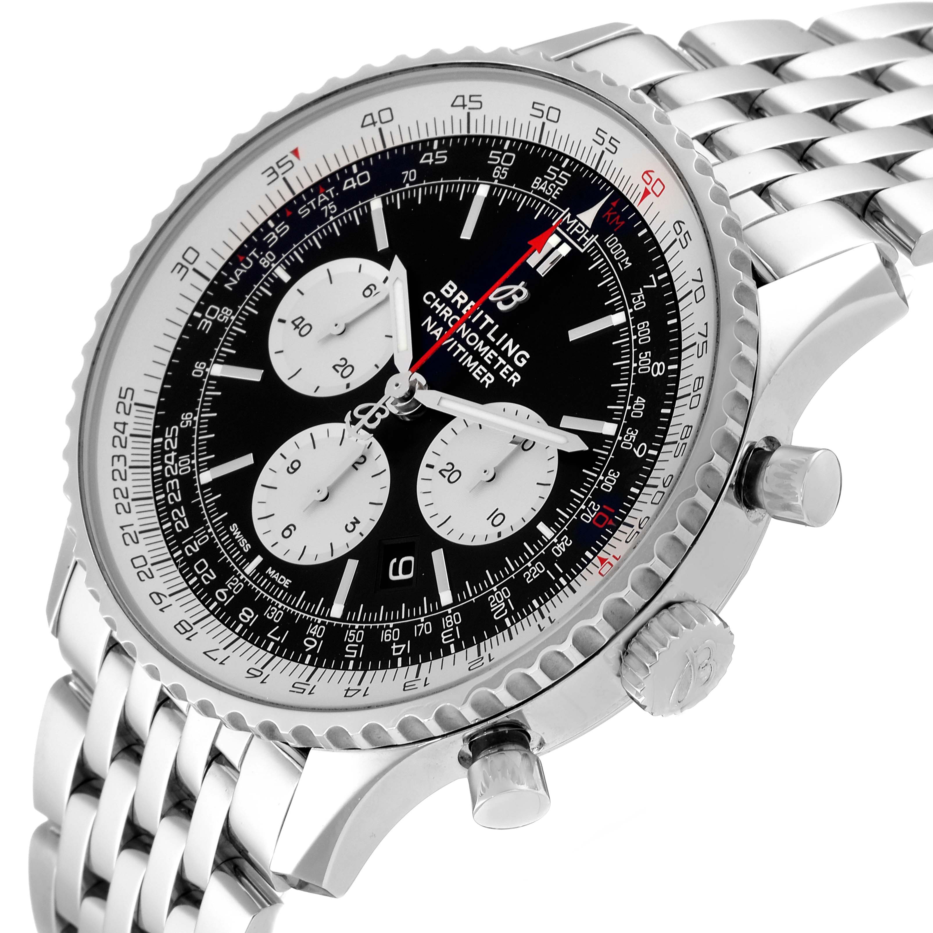 This image shows a Breitling Navitimer AB0127 Men's Stainless Steel Black Dial AB0127 Men's Stainless Steel Black Dial watch at an angled view highlighting the face, bezel, crown, and stainless steel bracelet.