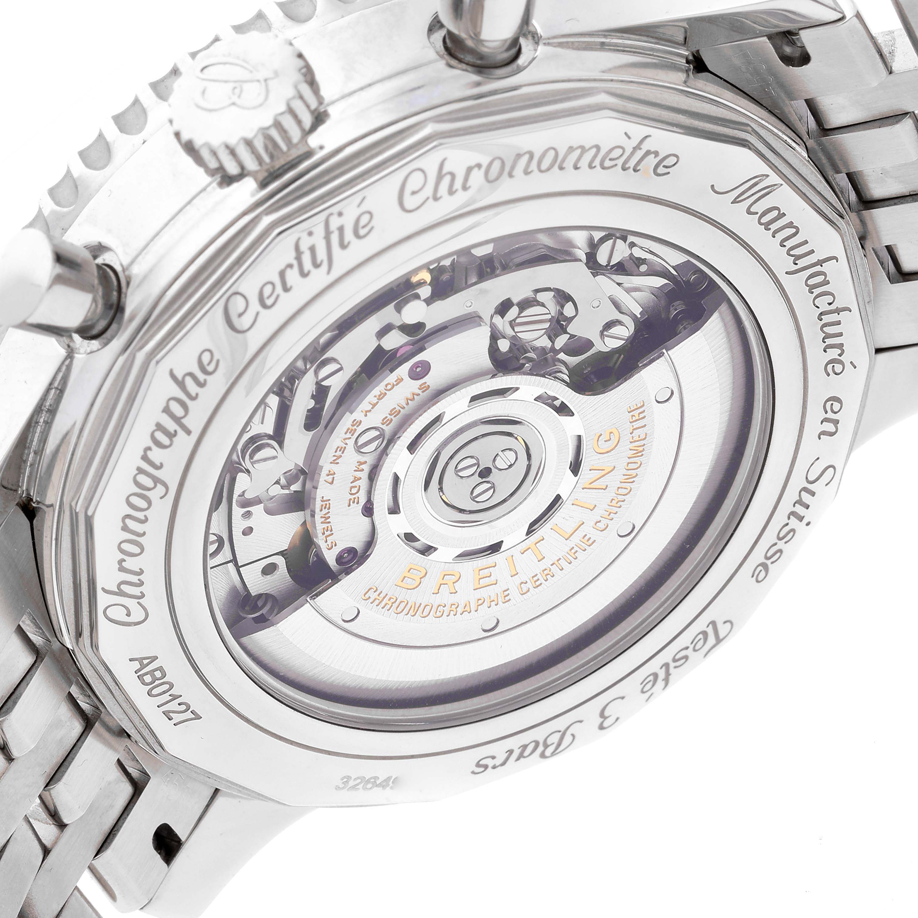 The image shows the back view of a Breitling Navitimer AB0127 Men's Stainless Steel Black Dial AB0127 Men's Stainless Steel Black Dial watch, highlighting its visible movement and rotor.