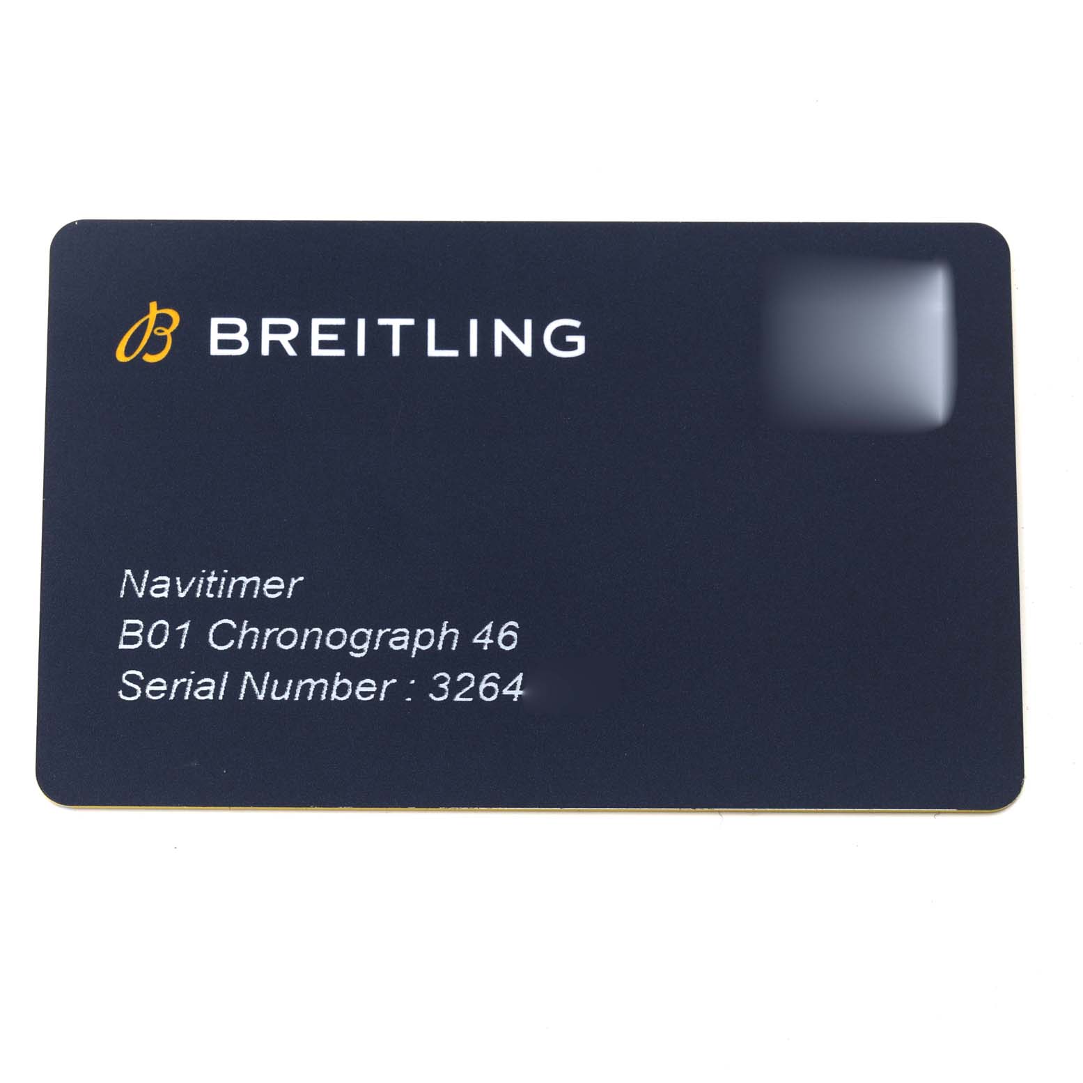 This image shows a certification or warranty card for the Breitling Navitimer AB0127 Men's Stainless Steel Black Dial AB0127 Men's Stainless Steel Black Dial B01 Chronograph 46 watch.