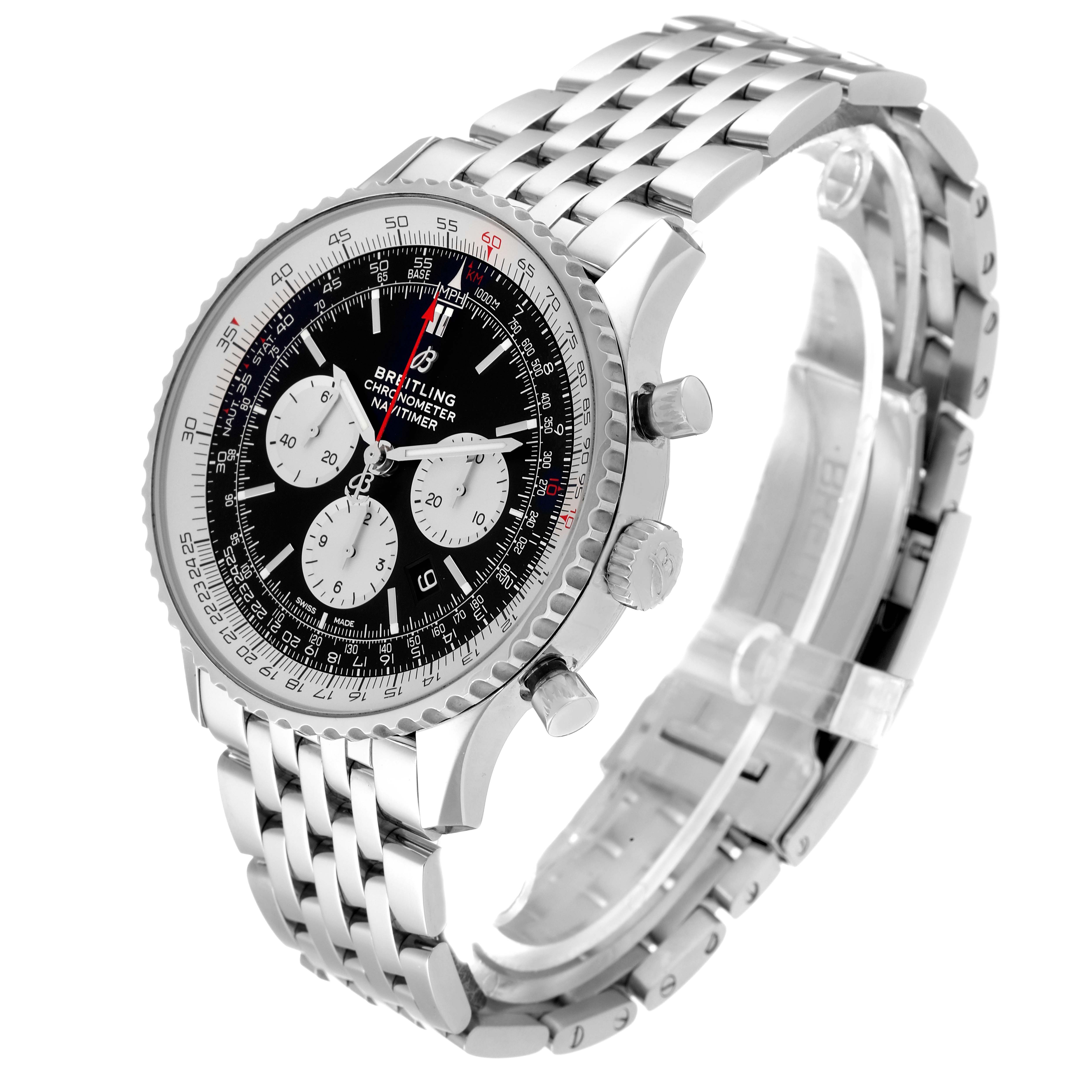 The image shows a Breitling Navitimer AB0127 Men's Stainless Steel Black Dial AB0127 Men's Stainless Steel Black Dial watch at a side angle, highlighting the bezel, dial, chronograph subdials, and metal bracelet.