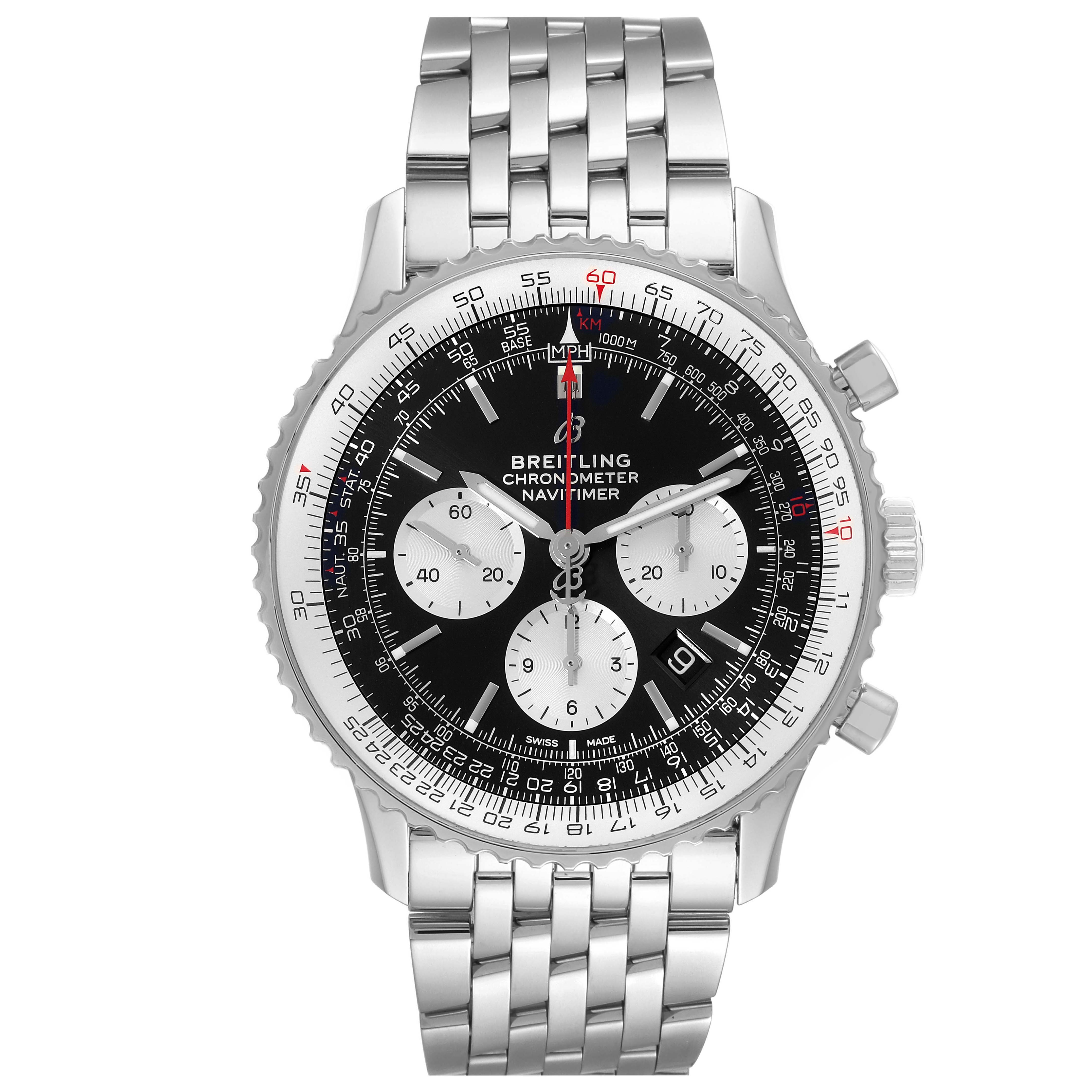 The image shows a front view of a Breitling Navitimer AB0127 Men's Stainless Steel Black Dial AB0127 Men's Stainless Steel Black Dial watch, highlighting its dial, chronograph subdials, bezel, and metal bracelet.