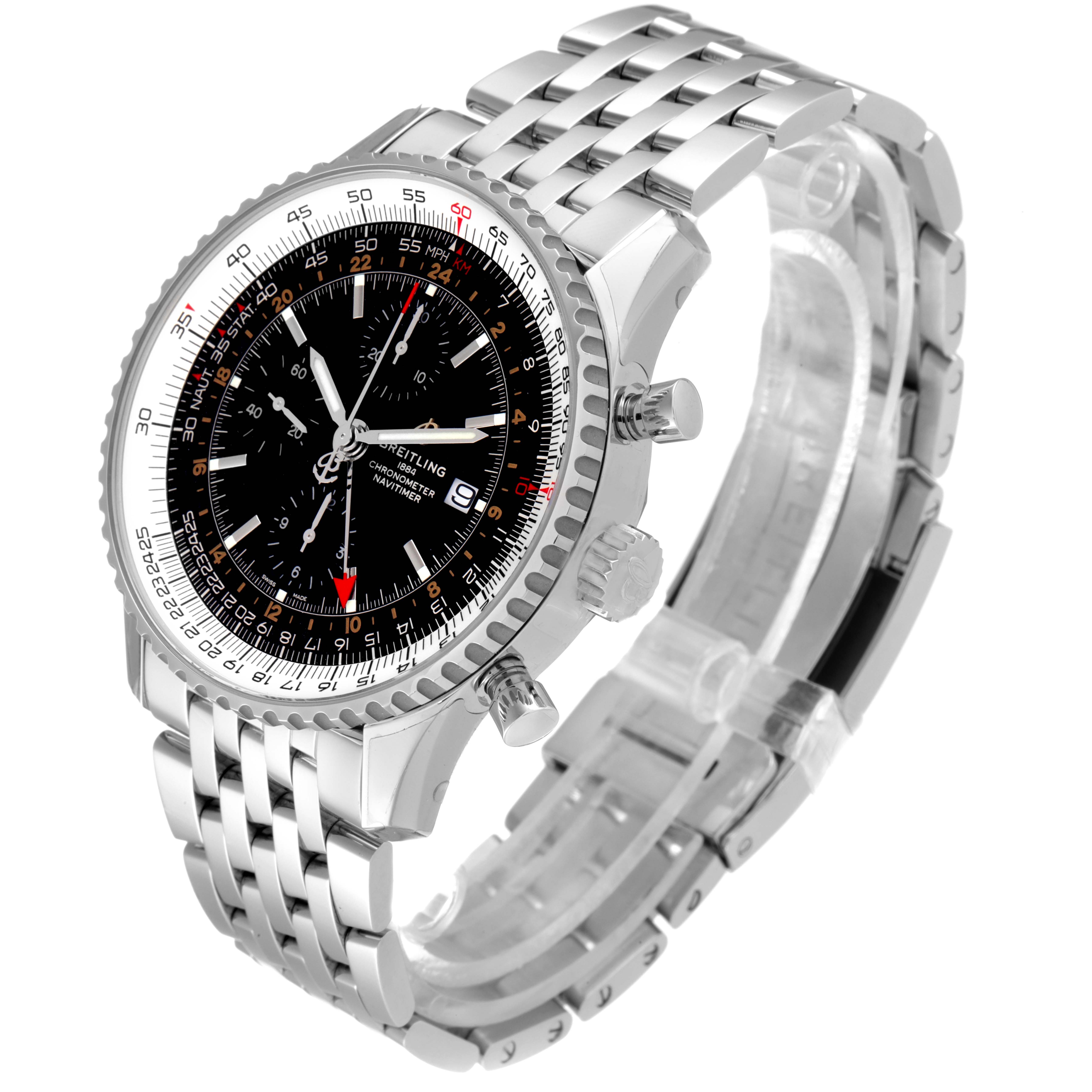 The image shows a Breitling Navitimer A24322 Men
s Stainless Steel Black Dial A24322 Men
s Stainless Steel Black Dial watch at an angle displaying its face, bezel, and bracelet.