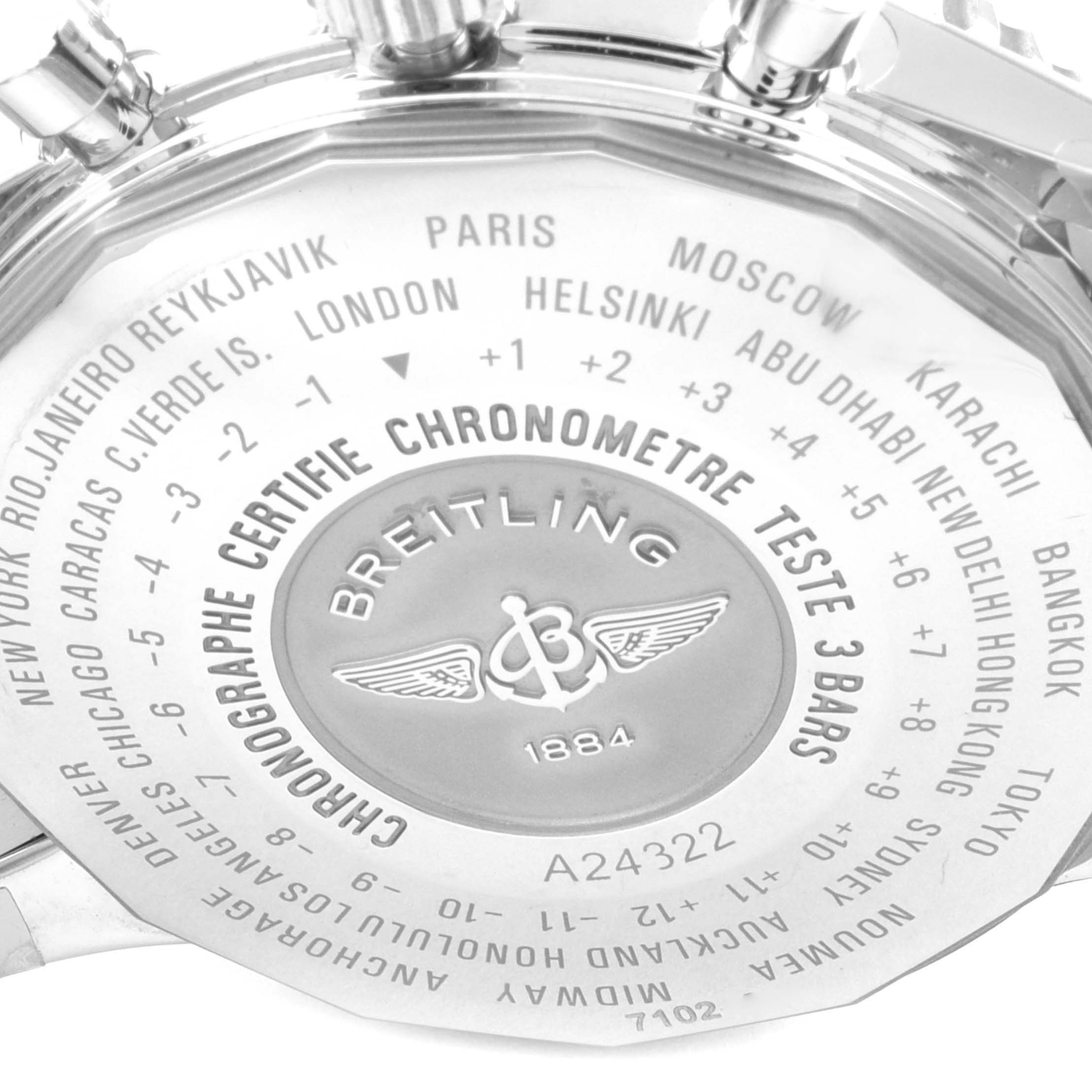 The image shows the back case of a Breitling Navitimer A24322 Men
s Stainless Steel Black Dial A24322 Men
s Stainless Steel Black Dial watch, displaying worldwide cities and time zones for reference.