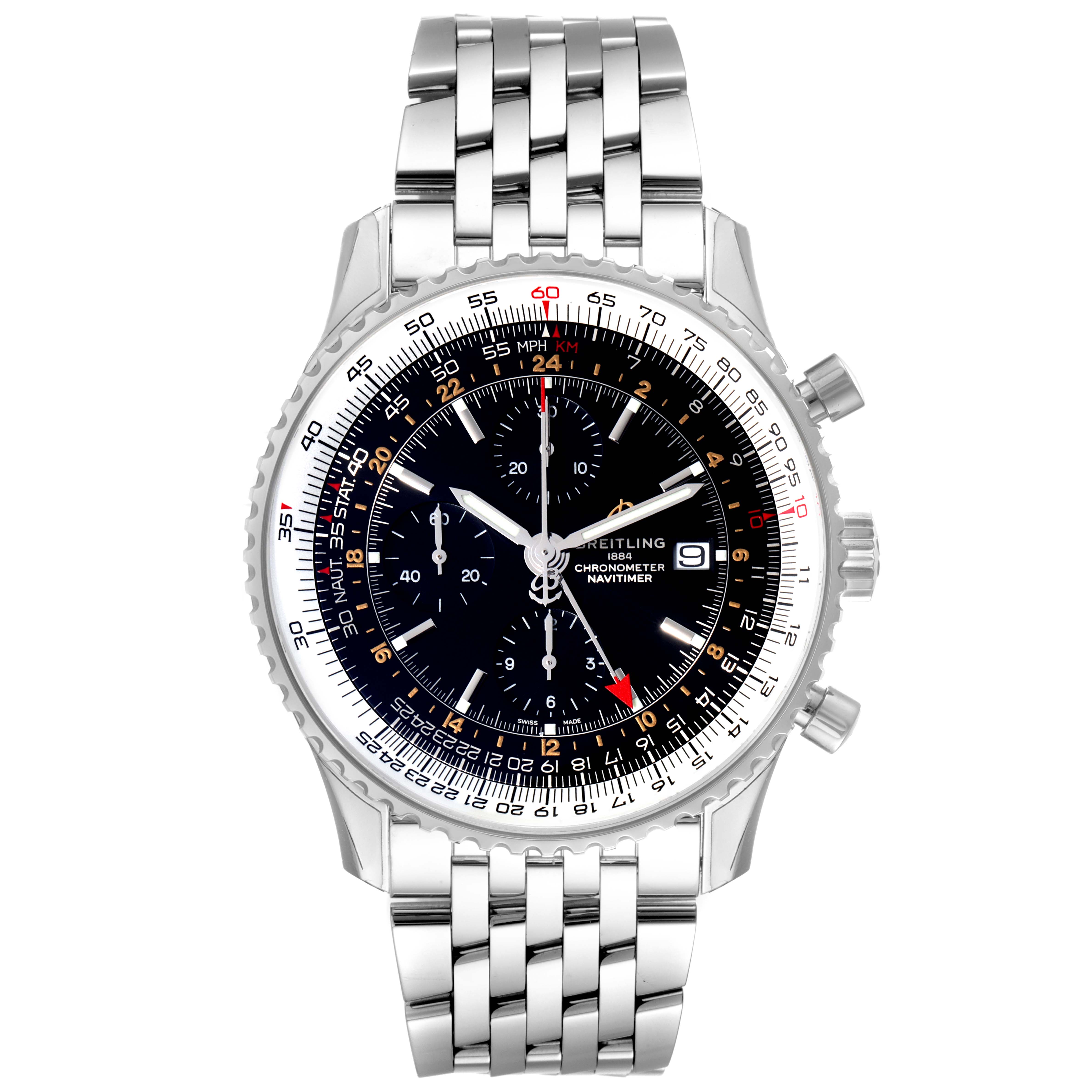 The image shows a front view of a Breitling Navitimer A24322 Men
s Stainless Steel Black Dial A24322 Men
s Stainless Steel Black Dial watch, highlighting its dial, bezel, and stainless steel bracelet.