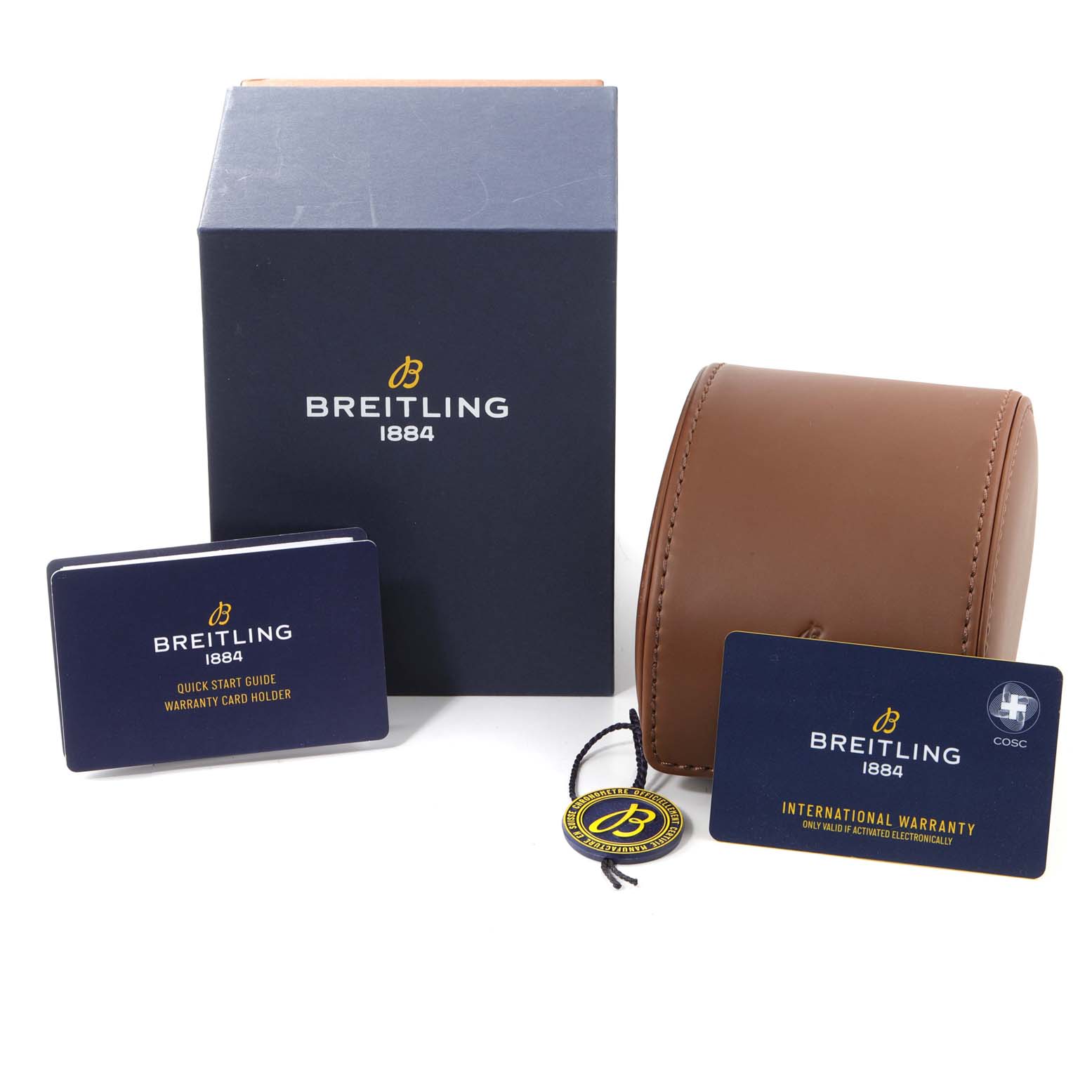 The image shows packaging, a leather case, a quick start guide, a warranty card, and a tag for the Breitling Navitimer A24322 Men
s Stainless Steel Black Dial A24322 Men
s Stainless Steel Black Dial model.