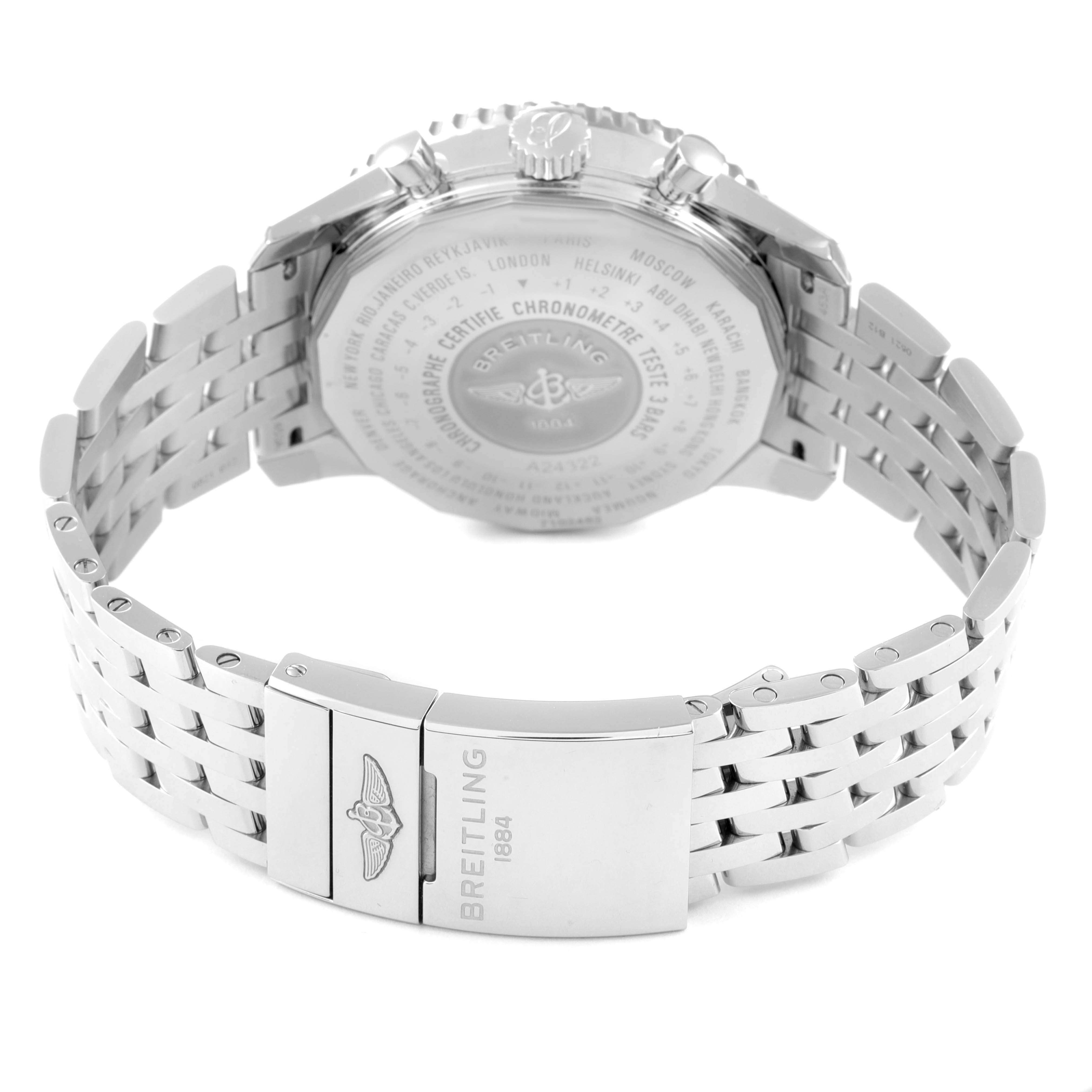 The image shows the back and bracelet clasp of a Breitling Navitimer A24322 Men
s Stainless Steel Black Dial A24322 Men
s Stainless Steel Black Dial watch, highlighting the engraved case back and stainless steel band.
