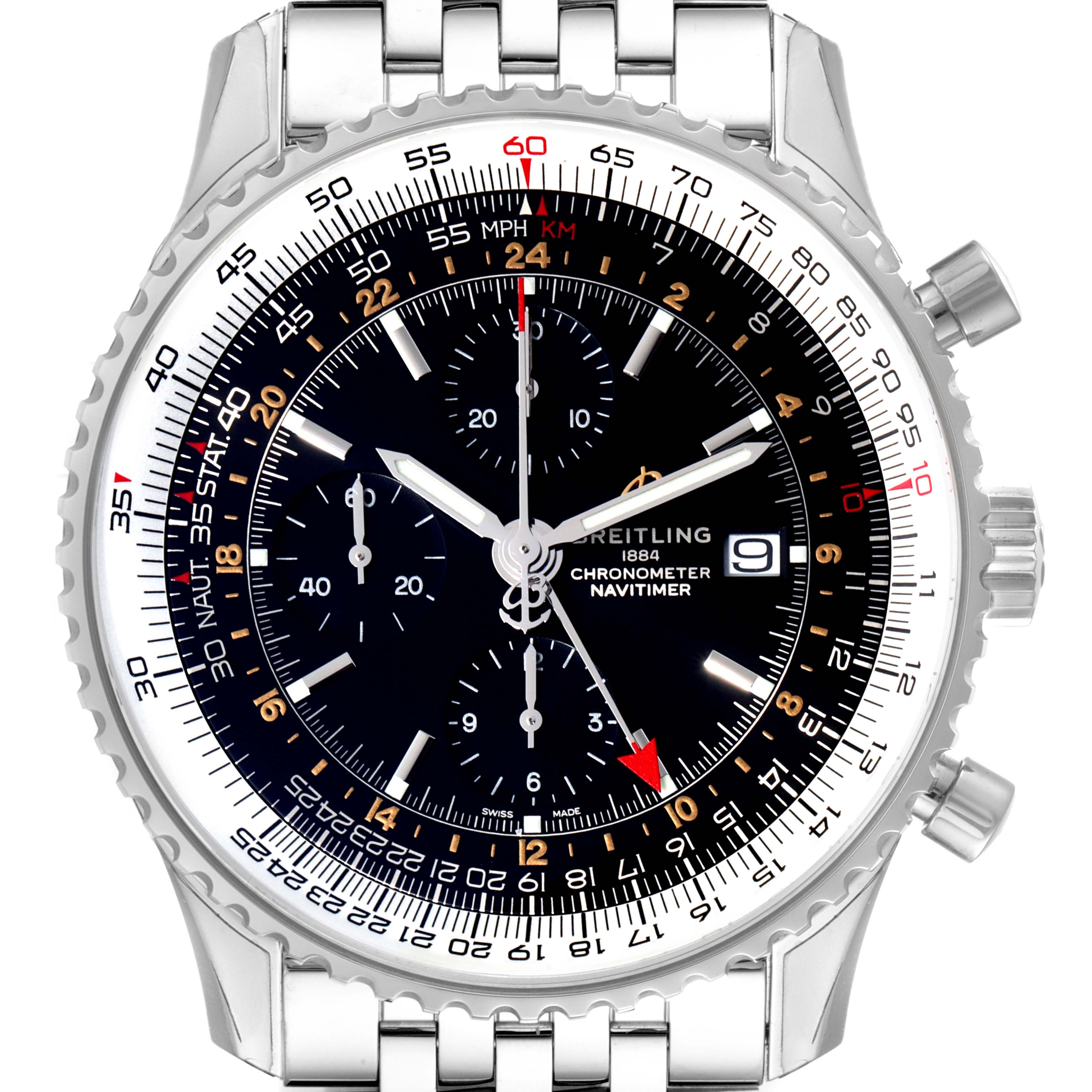 The Breitling Navitimer A24322 Men
s Stainless Steel Black Dial A24322 Men
s Stainless Steel Black Dial watch is shown from a front angle, displaying its face, bezel, dial, subdials, and part of the bracelet.