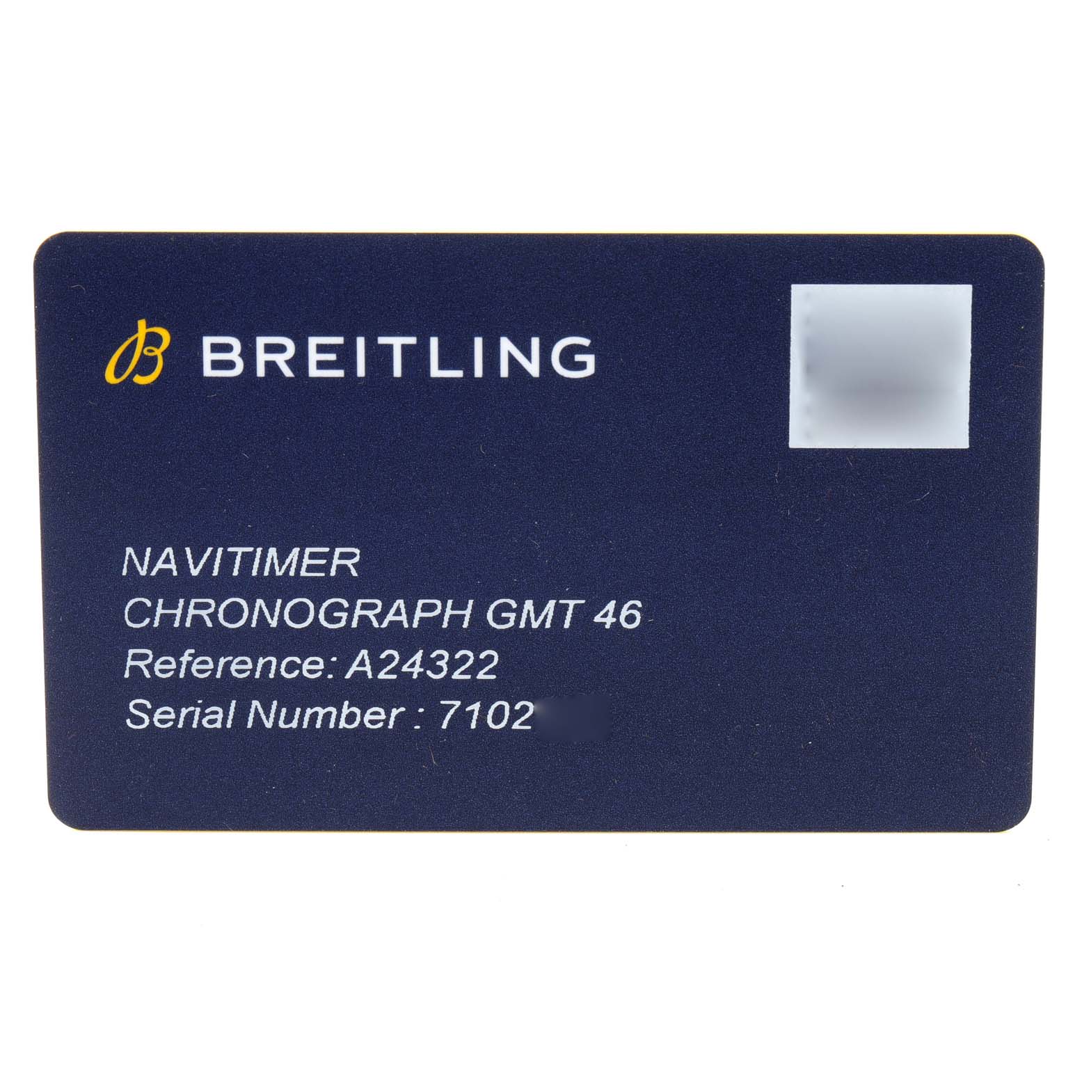 This is an identification card for the Breitling Navitimer A24322 Men
s Stainless Steel Black Dial A24322 Men
s Stainless Steel Black Dial Chronograph GMT 46 watch, displaying the reference and serial numbers.
