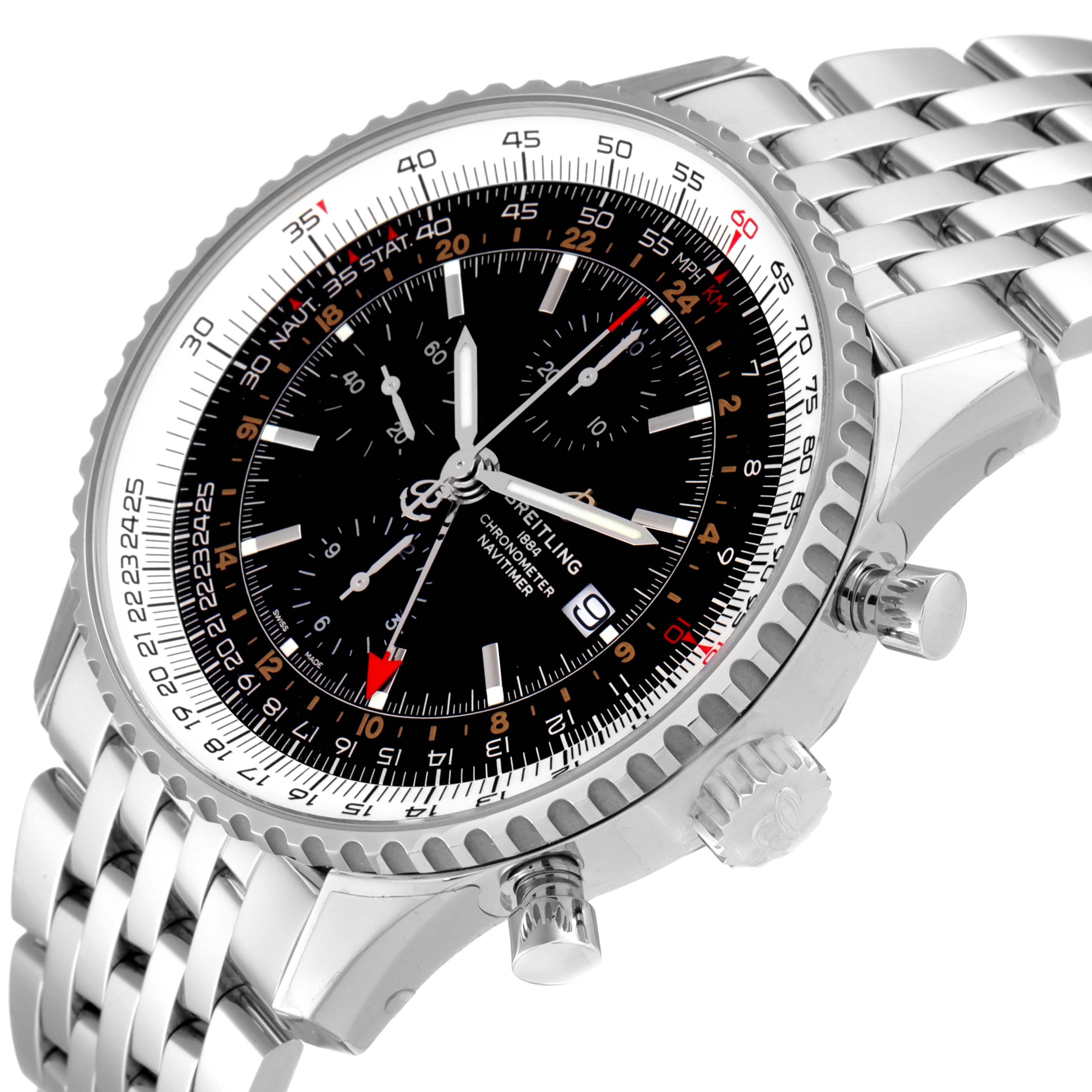 The Breitling Navitimer A24322 Men
s Stainless Steel Black Dial A24322 Men
s Stainless Steel Black Dial watch is shown from a three-quarter angle, highlighting the face, crown, and metal bracelet.
