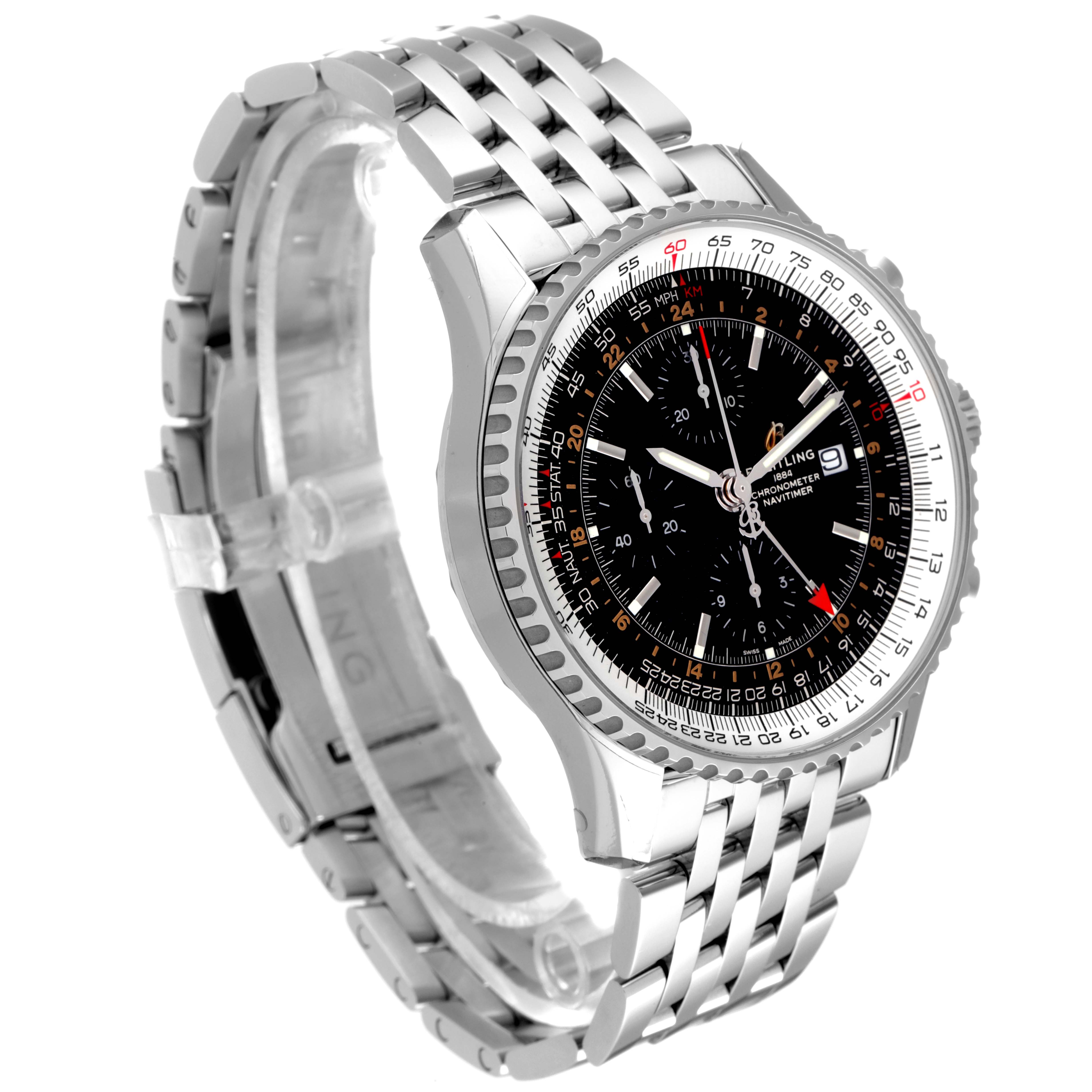 The image shows a Breitling Navitimer A24322 Men
s Stainless Steel Black Dial A24322 Men
s Stainless Steel Black Dial watch at a three-quarter angle, displaying its face, bezel, crown, and metal bracelet.