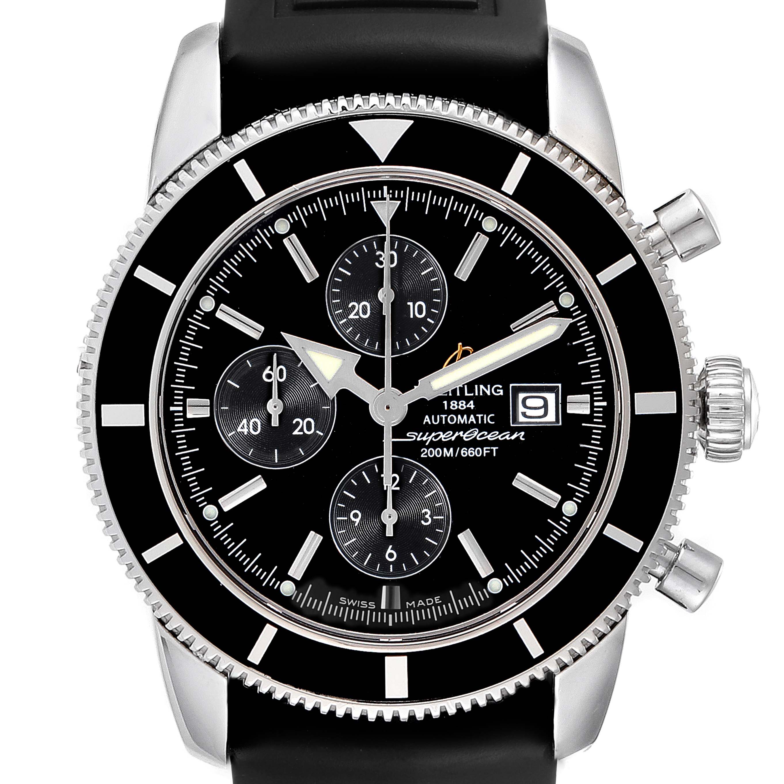 The image shows a front view of the Breitling Superocean A13320 Men's Stainless Steel Black Dial A13320 Men's Stainless Steel Black Dial watch, highlighting its black dial, chronograph subdials, and date window.