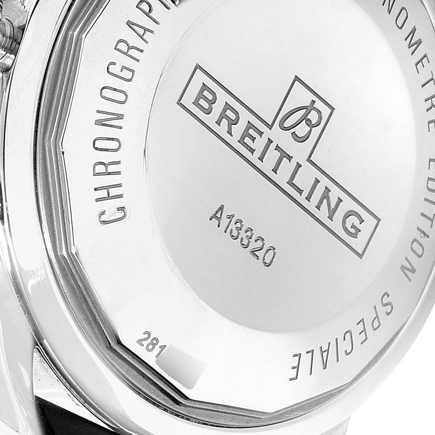 The image shows the case back of a Breitling Superocean A13320 Men's Stainless Steel Black Dial A13320 Men's Stainless Steel Black Dial watch, displaying text and model number A13320.