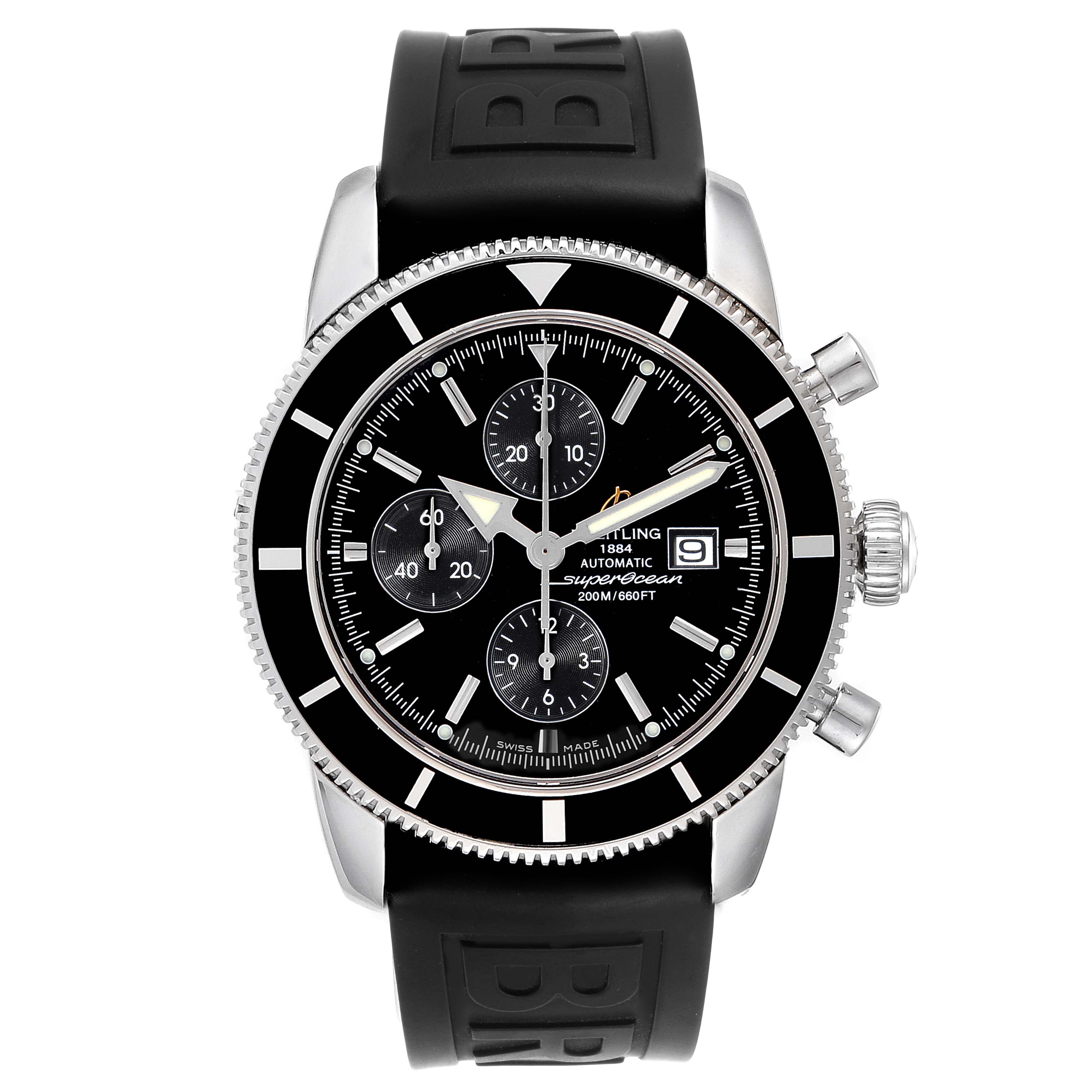 The image shows a frontal view of the Breitling Superocean A13320 Men's Stainless Steel Black Dial A13320 Men's Stainless Steel Black Dial watch, highlighting its black dial, chronograph sub-dials, and rubber strap.